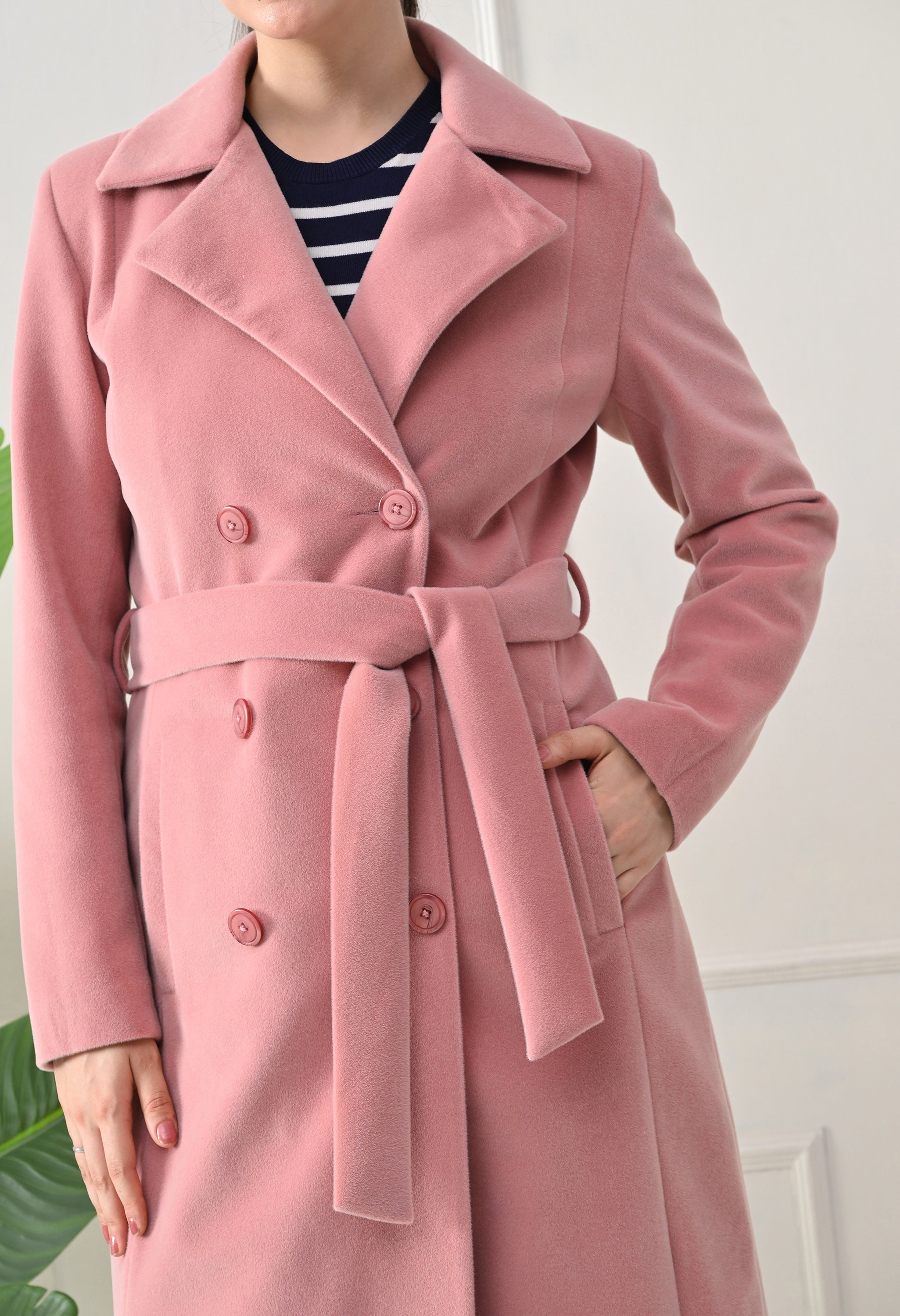 Women Belted Notched Lapel Double-Breasted Longline Pink Trench Coat