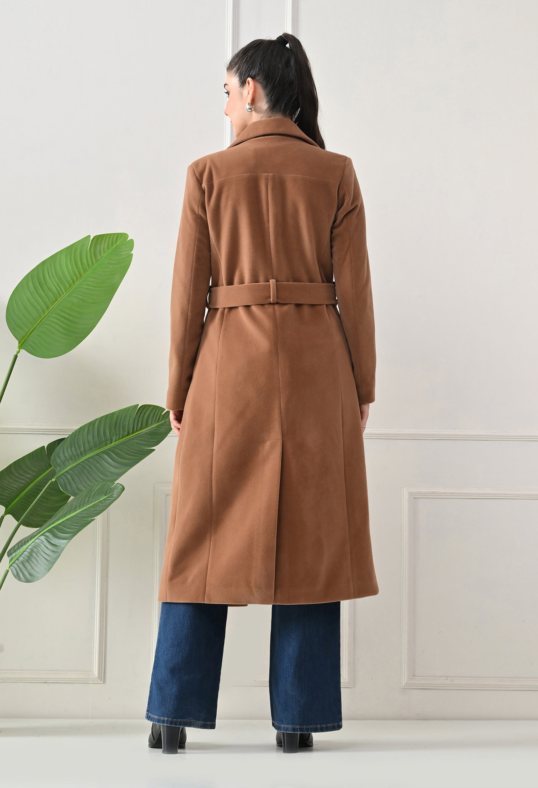 Women Belted Notched Lapel Double-Breasted Longline Tan Trench Coat