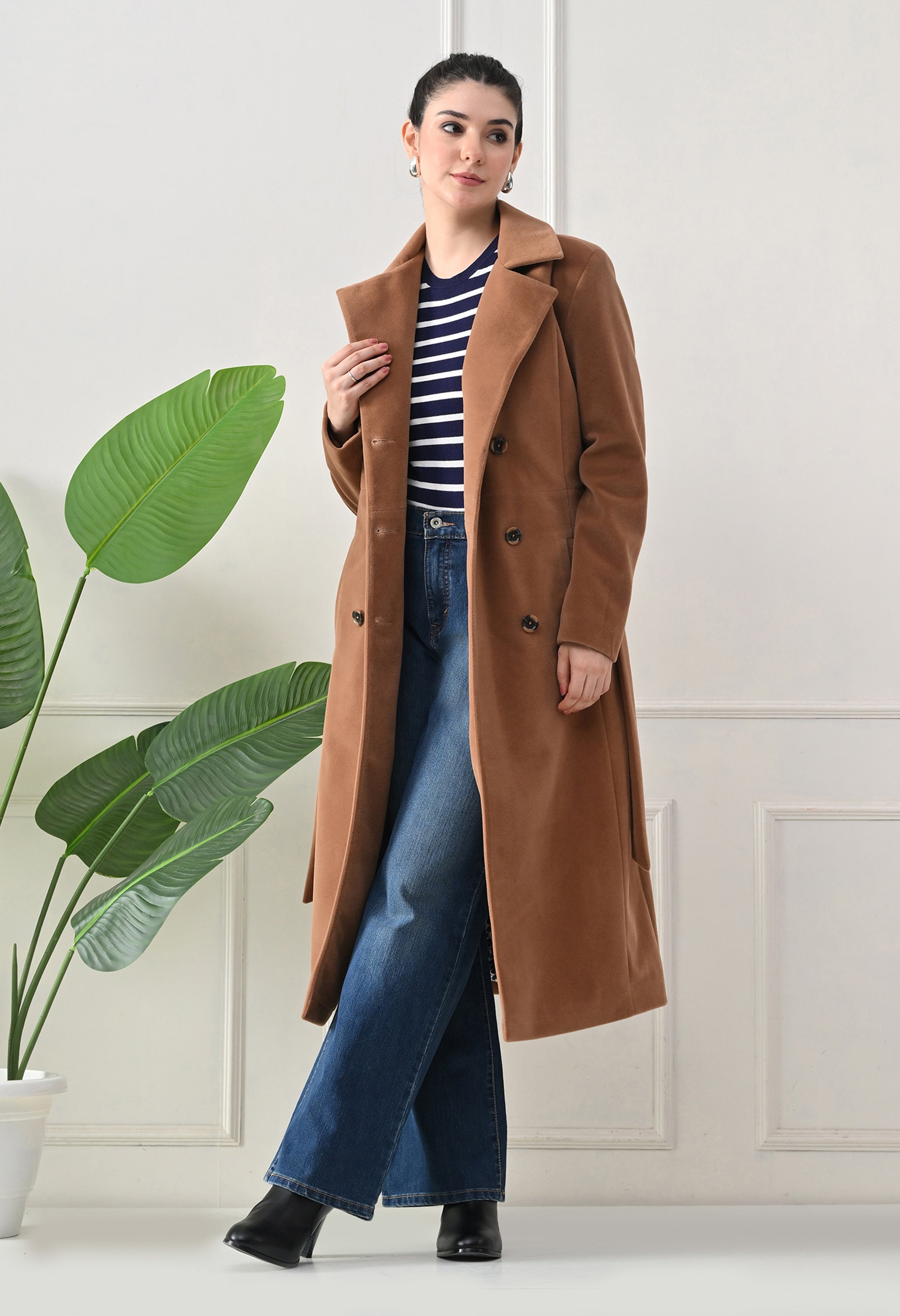 Women Belted Notched Lapel Double-Breasted Longline Tan Trench Coat