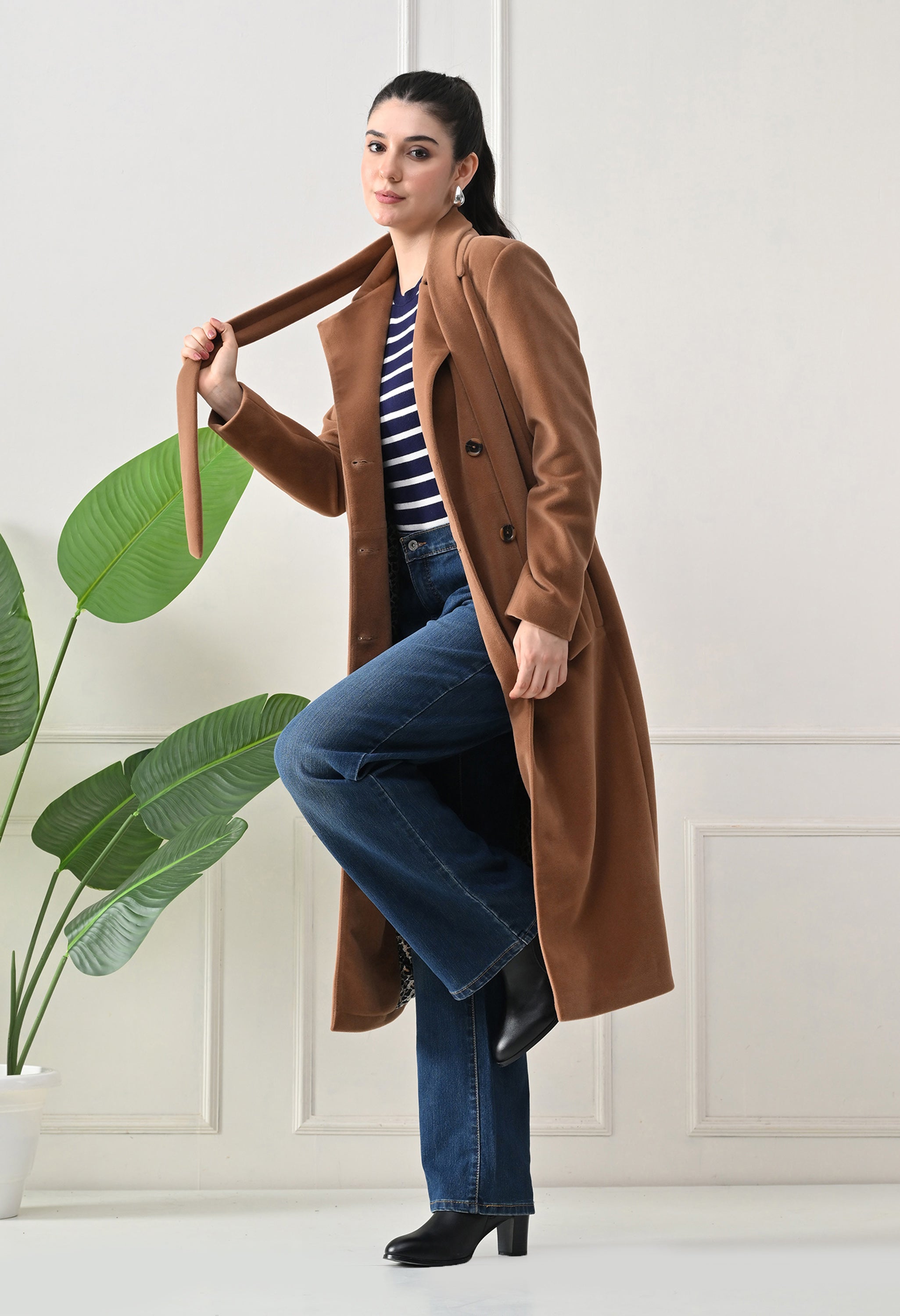 Women Belted Notched Lapel Double-Breasted Longline Tan Trench Coat