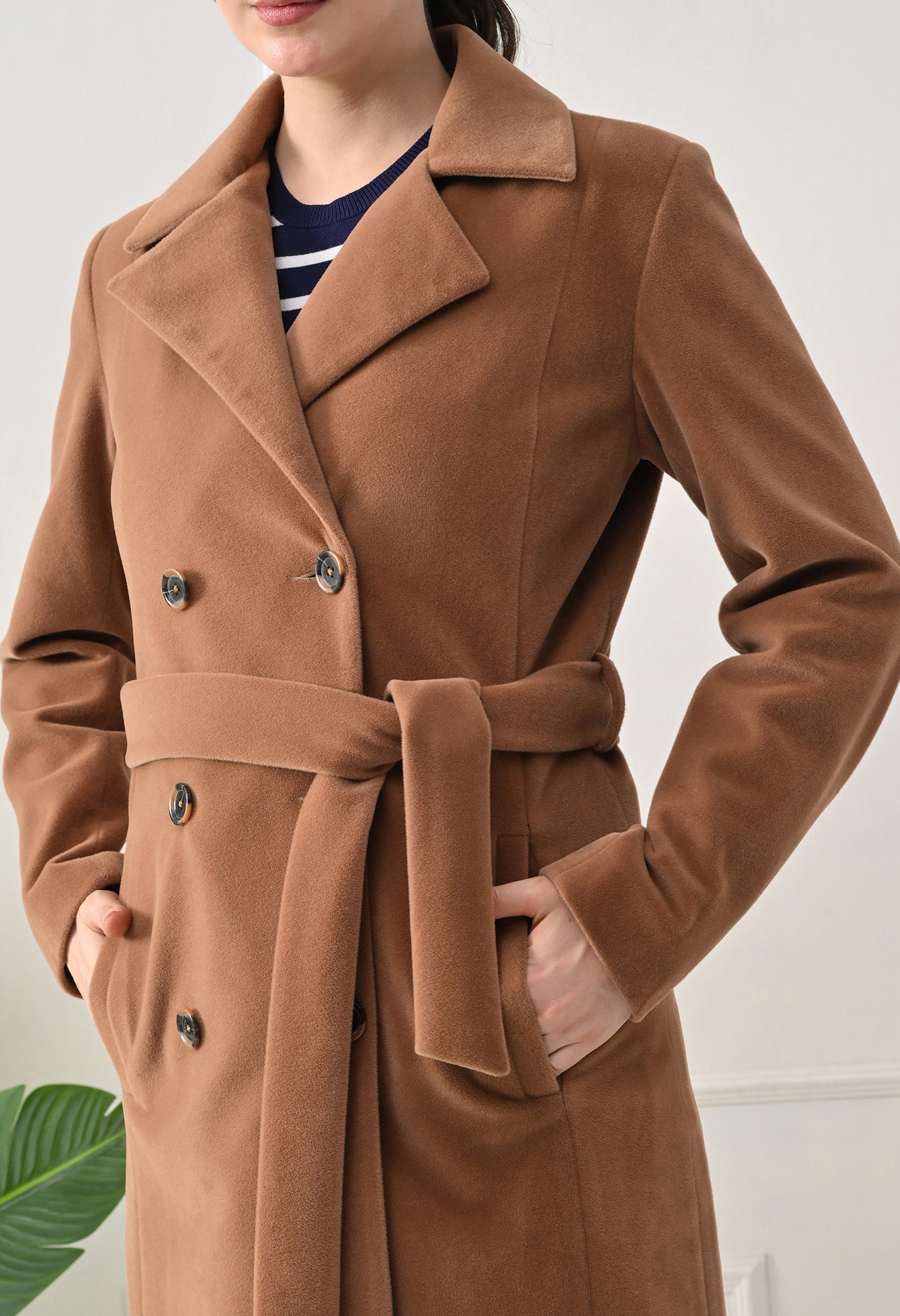 Women Belted Notched Lapel Double-Breasted Longline Tan Trench Coat