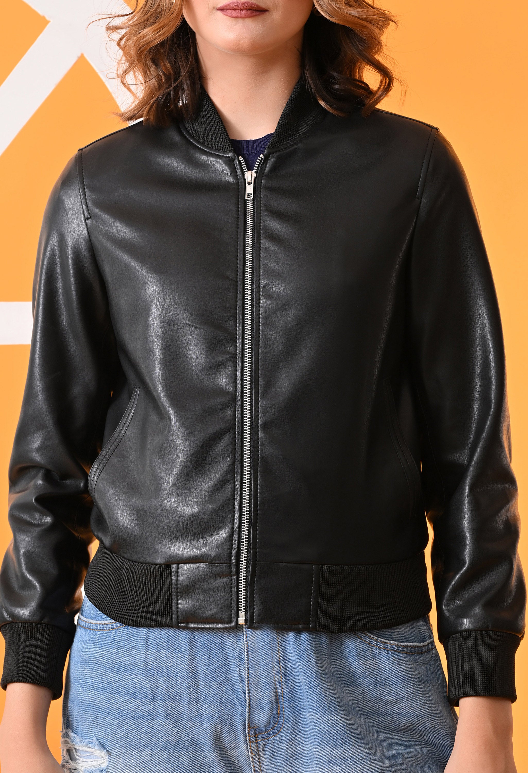 Stand Collar Leather Water Resistant Crop Outdoor Black Bomber Jacket for Women