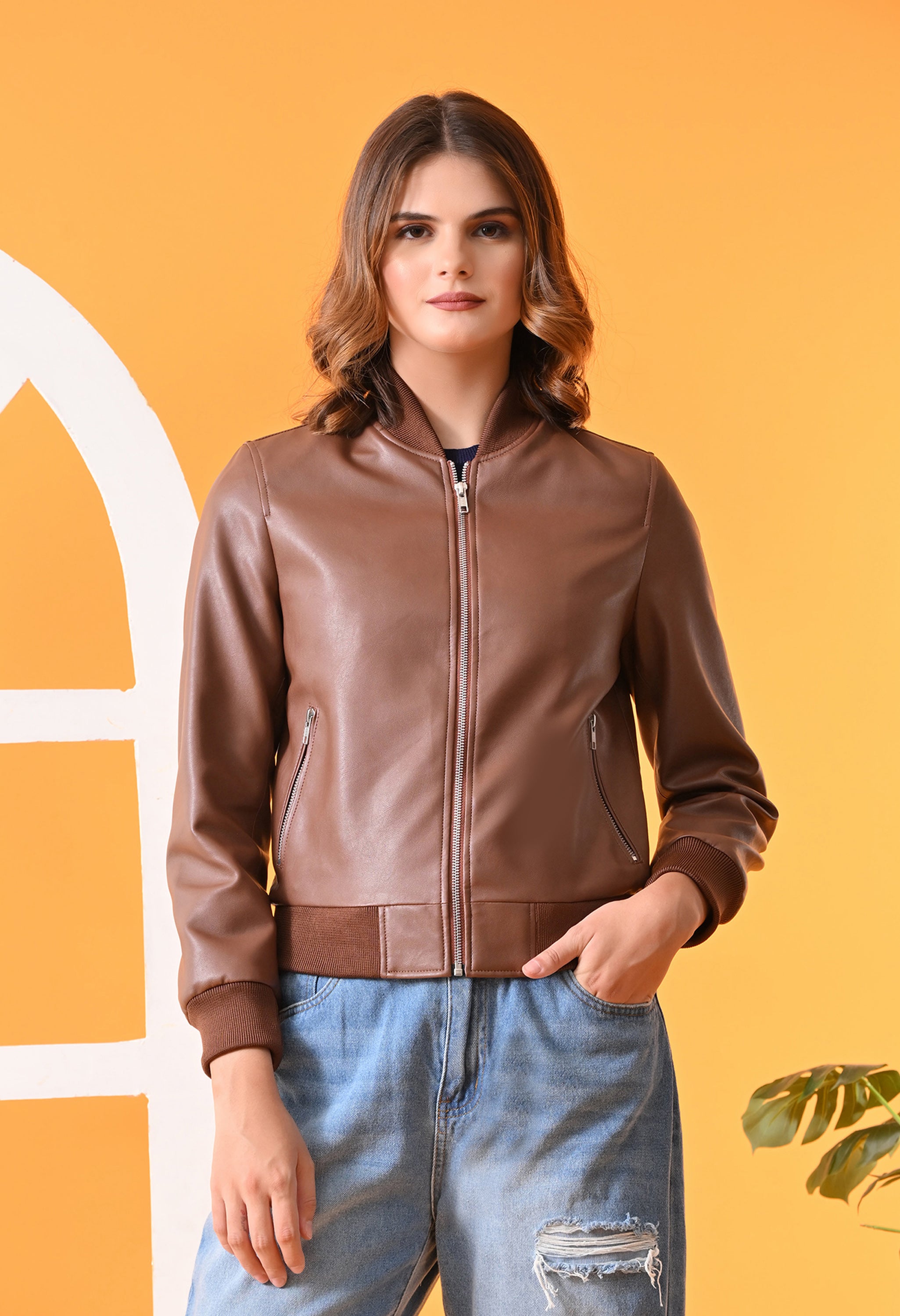 Stand Collar Leather Water Resistant Crop Outdoor Tan Bomber Jacket for Women