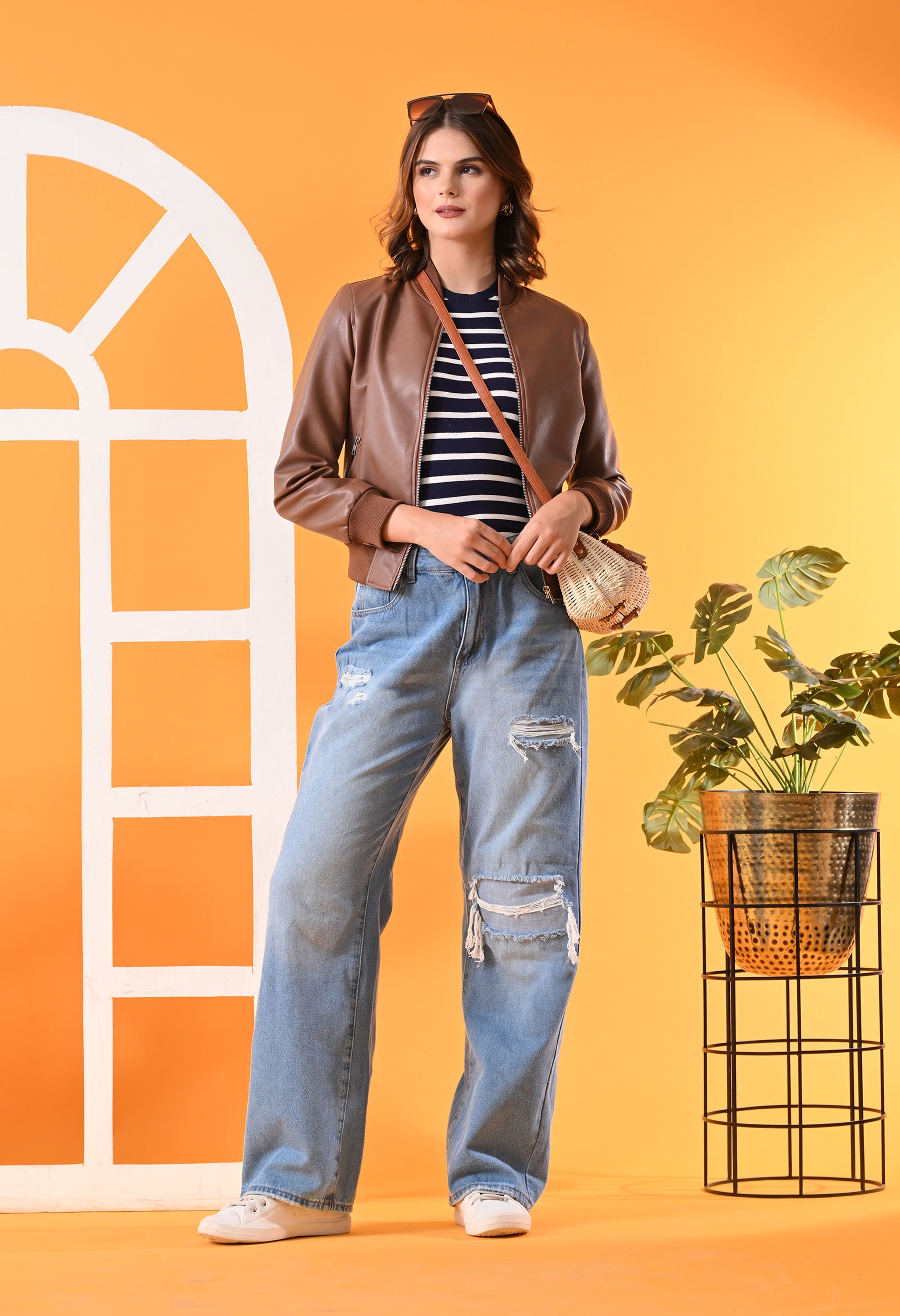 Stand Collar Leather Water Resistant Crop Outdoor Tan Bomber Jacket for Women