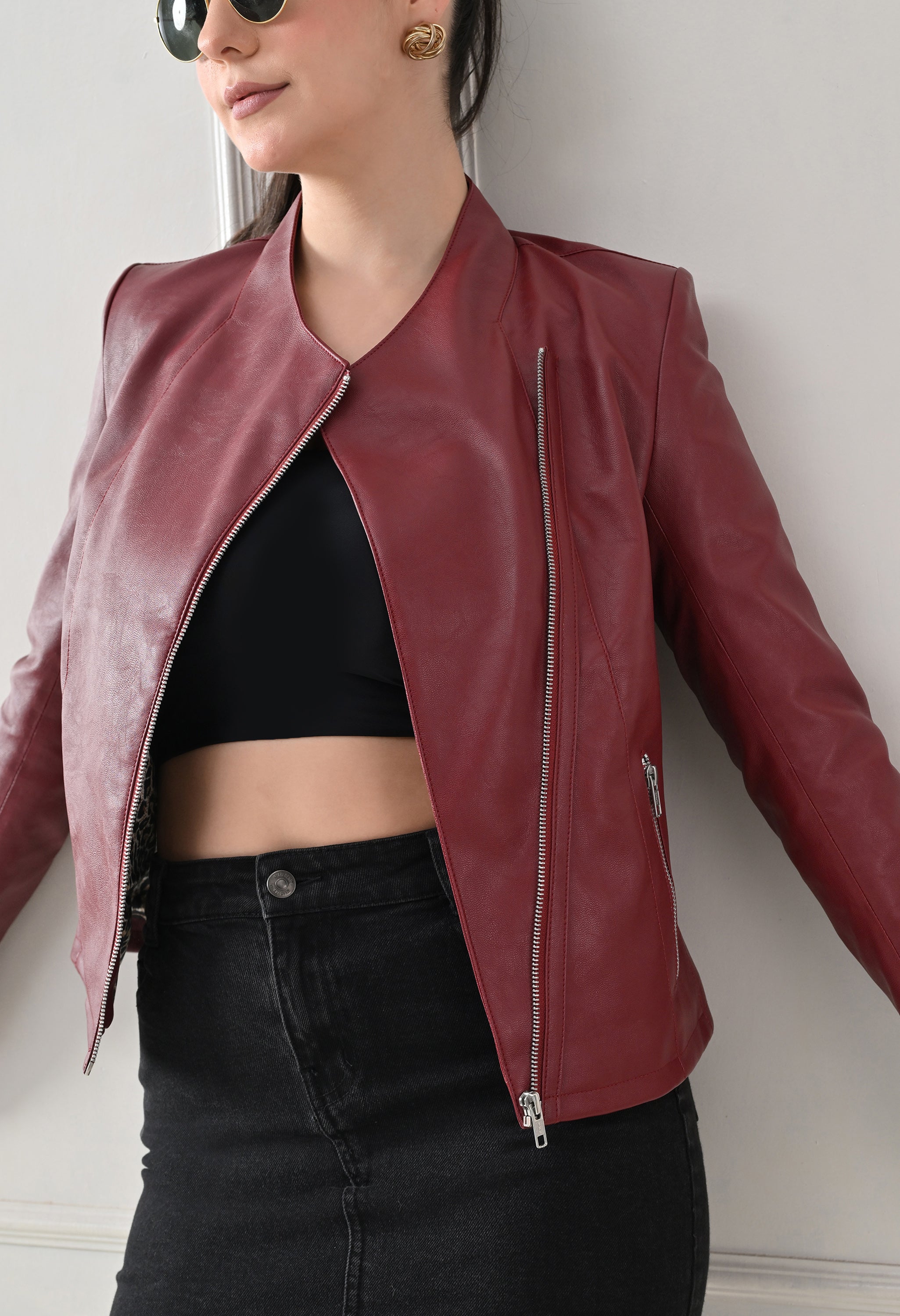 Lapel Collar Solid Water Resistant Maroon Biker Jacket for Women