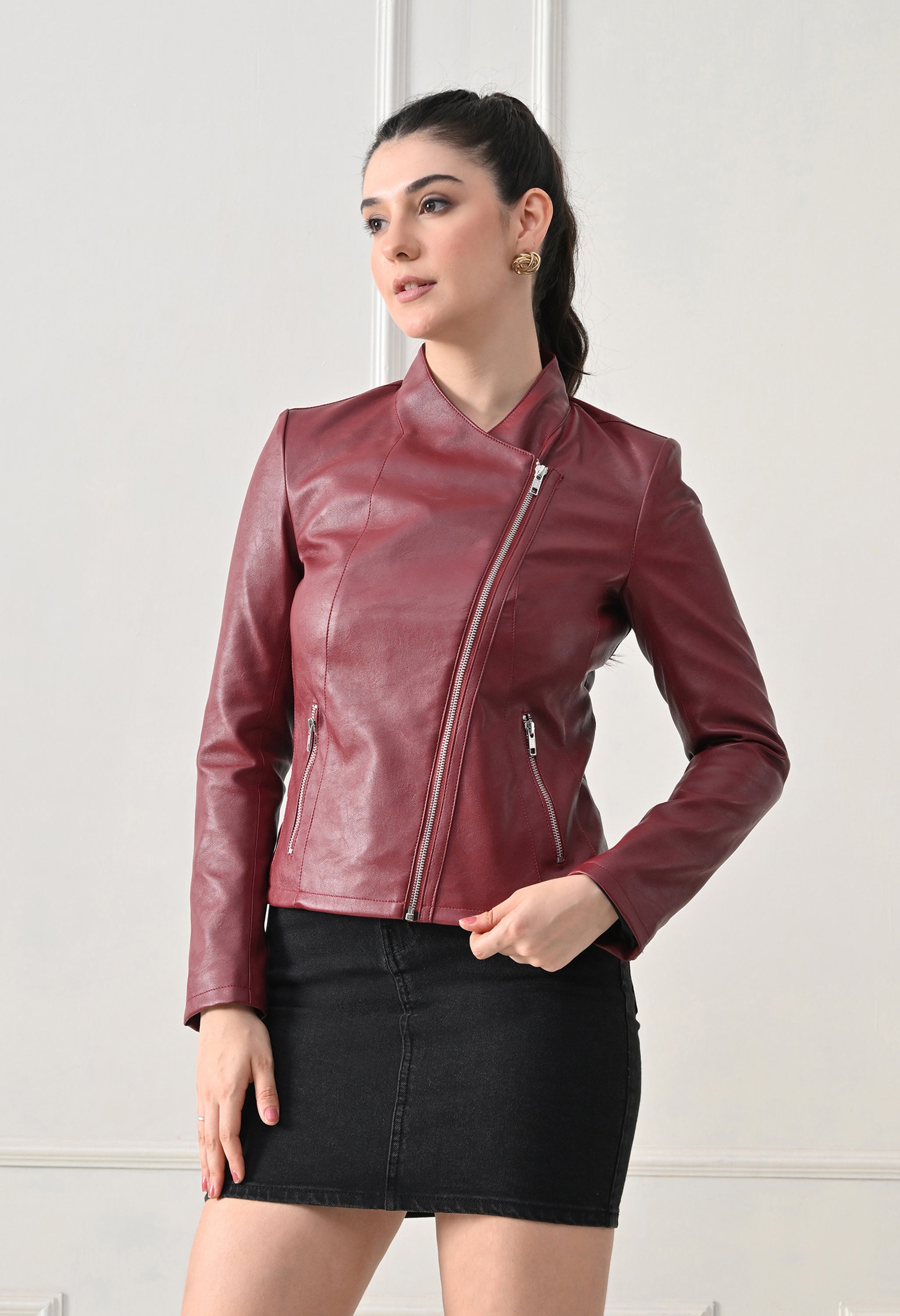 Lapel Collar Solid Water Resistant Maroon Biker Jacket for Women