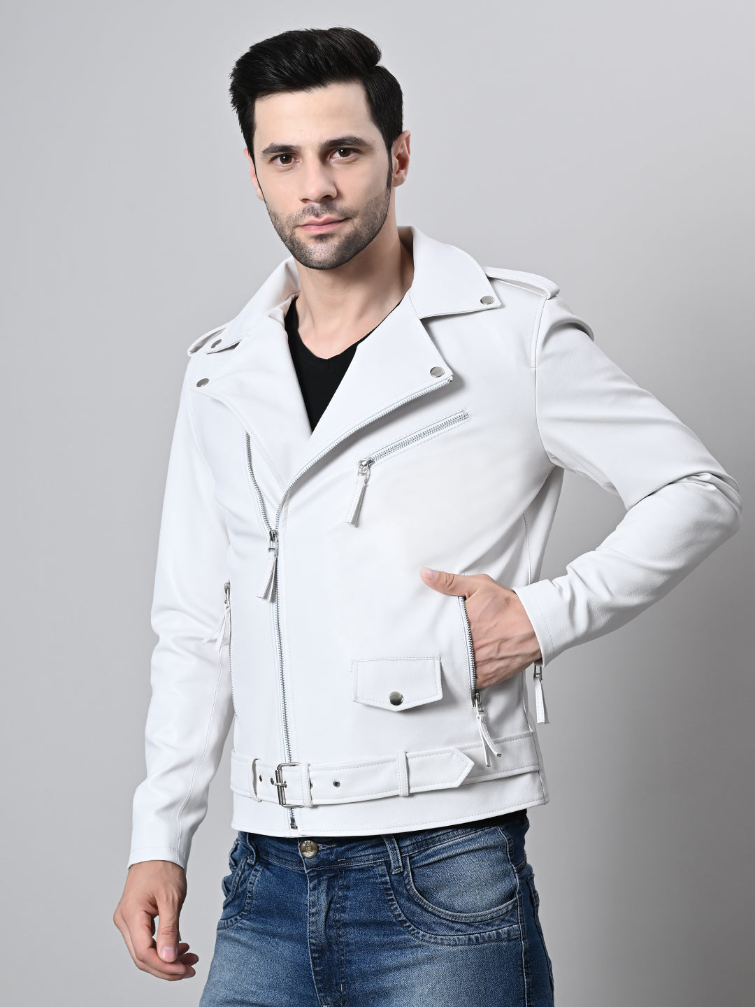 Leather Lightweight White Biker Jacket For Men