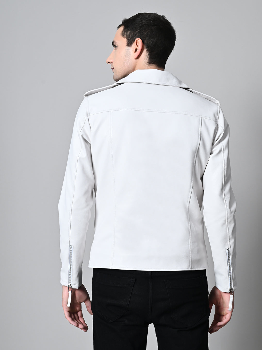 Lapel Collar Solid Casual Biker White Jacket For Men