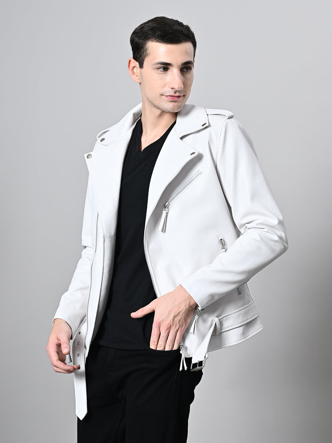 Lapel Collar Solid Casual Biker White Jacket For Men