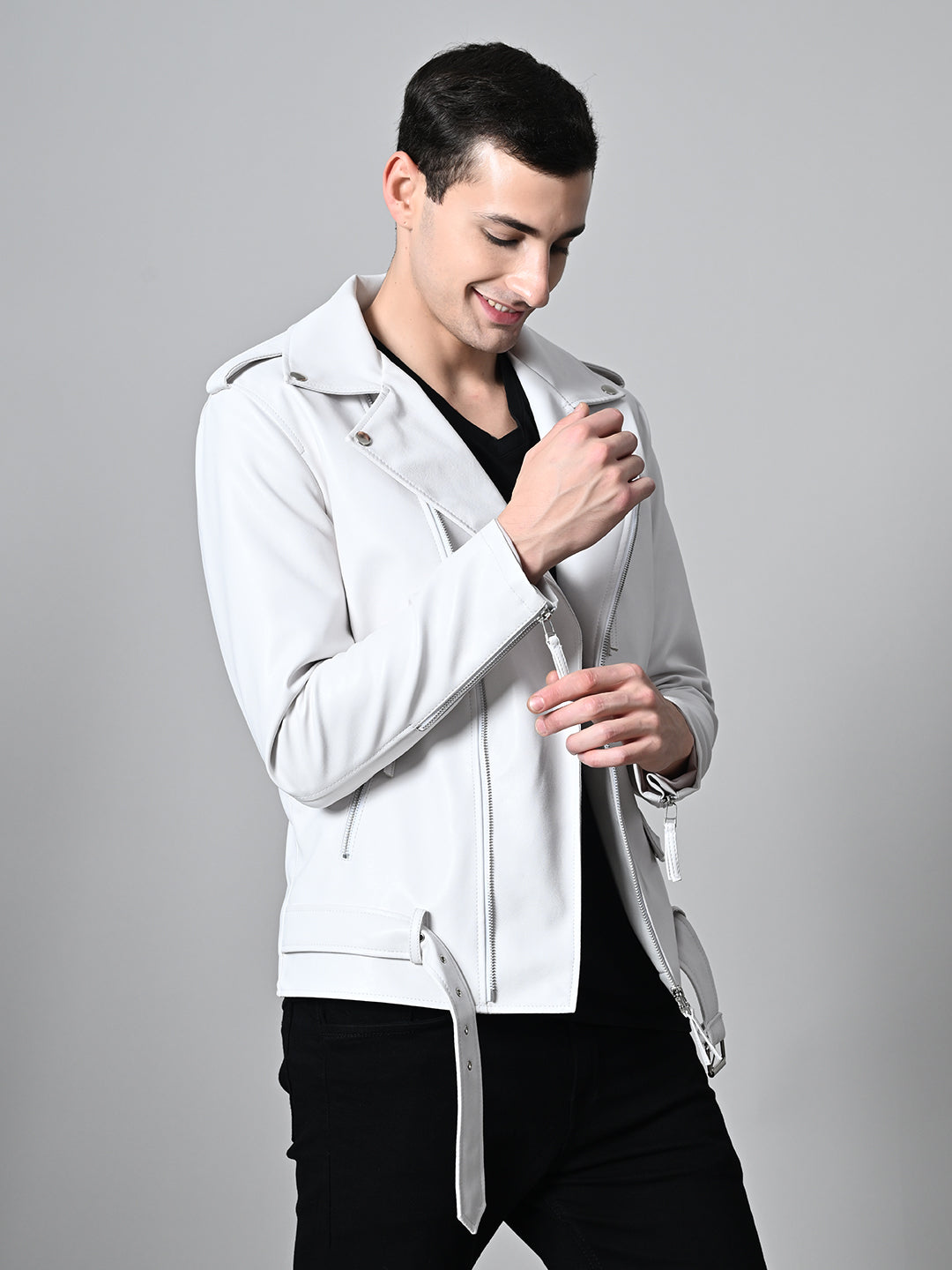 Lapel Collar Solid Casual Biker White Jacket For Men