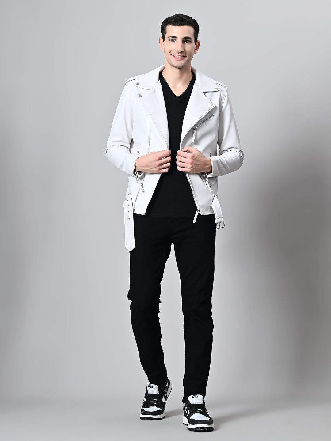 Lapel Collar Solid Casual Biker White Jacket For Men