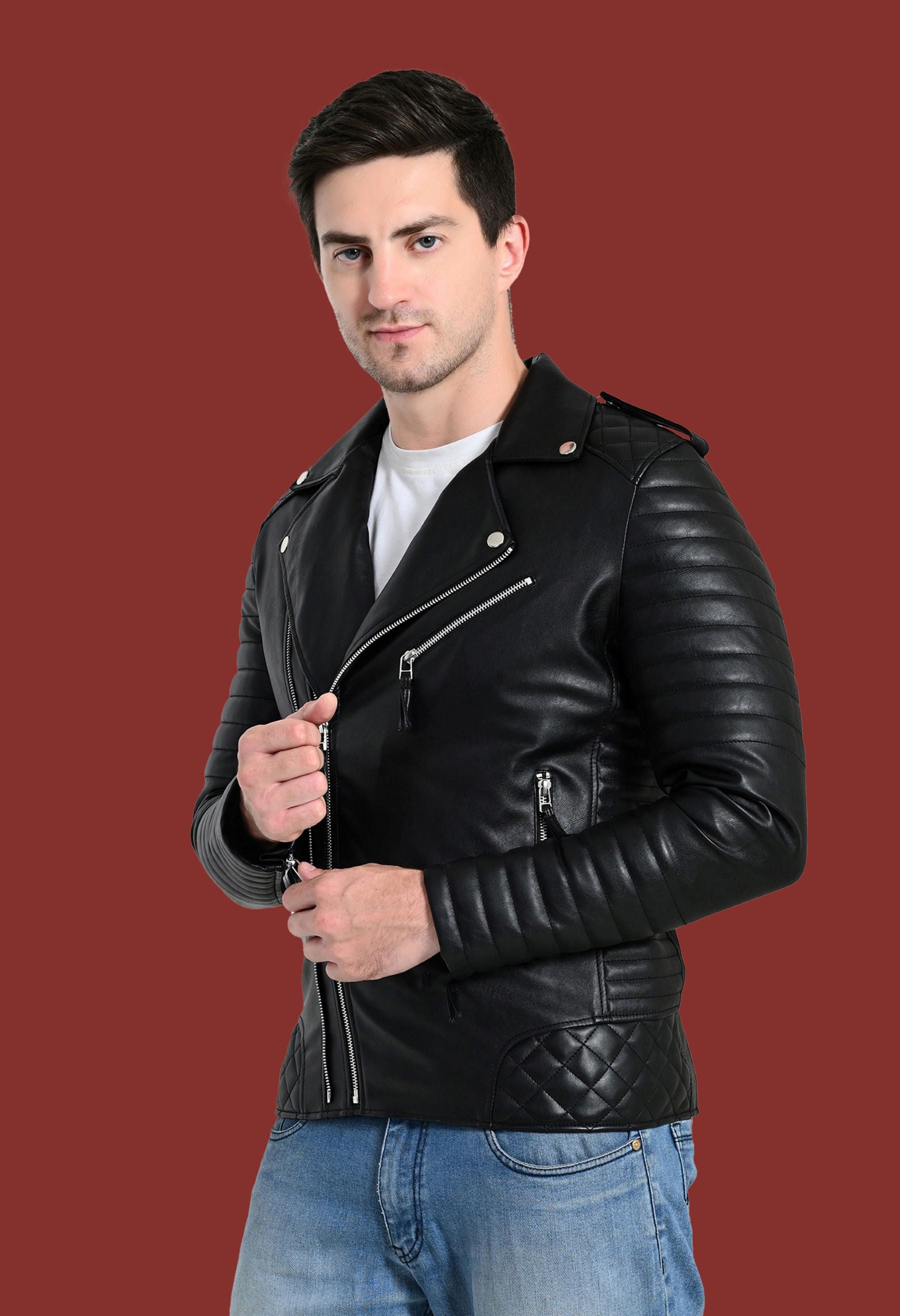 Mandarin Collar Water Resistant Lightweight Leather Biker Jacket for Men
