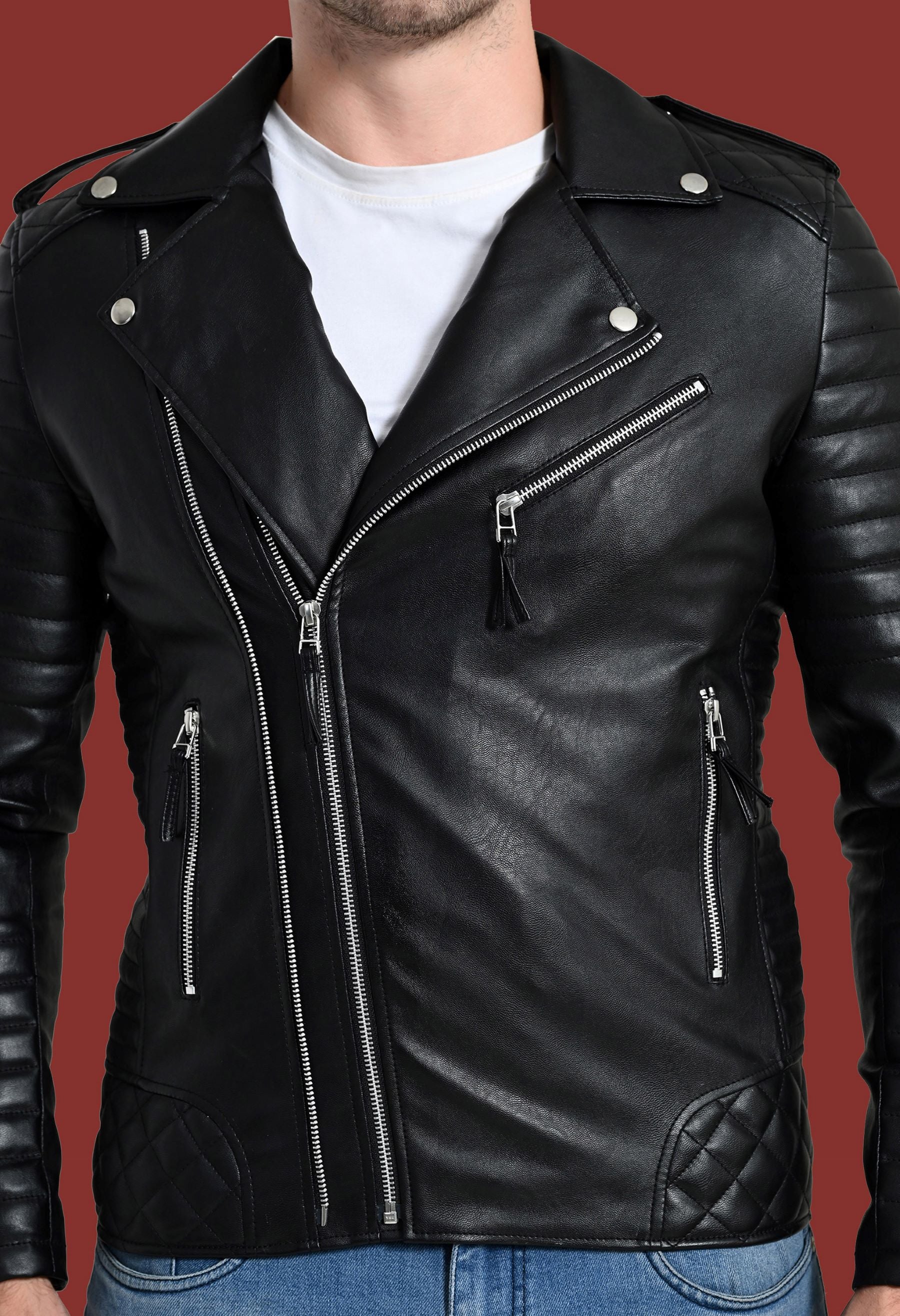Mandarin Collar Water Resistant Lightweight Leather Biker Jacket for Men