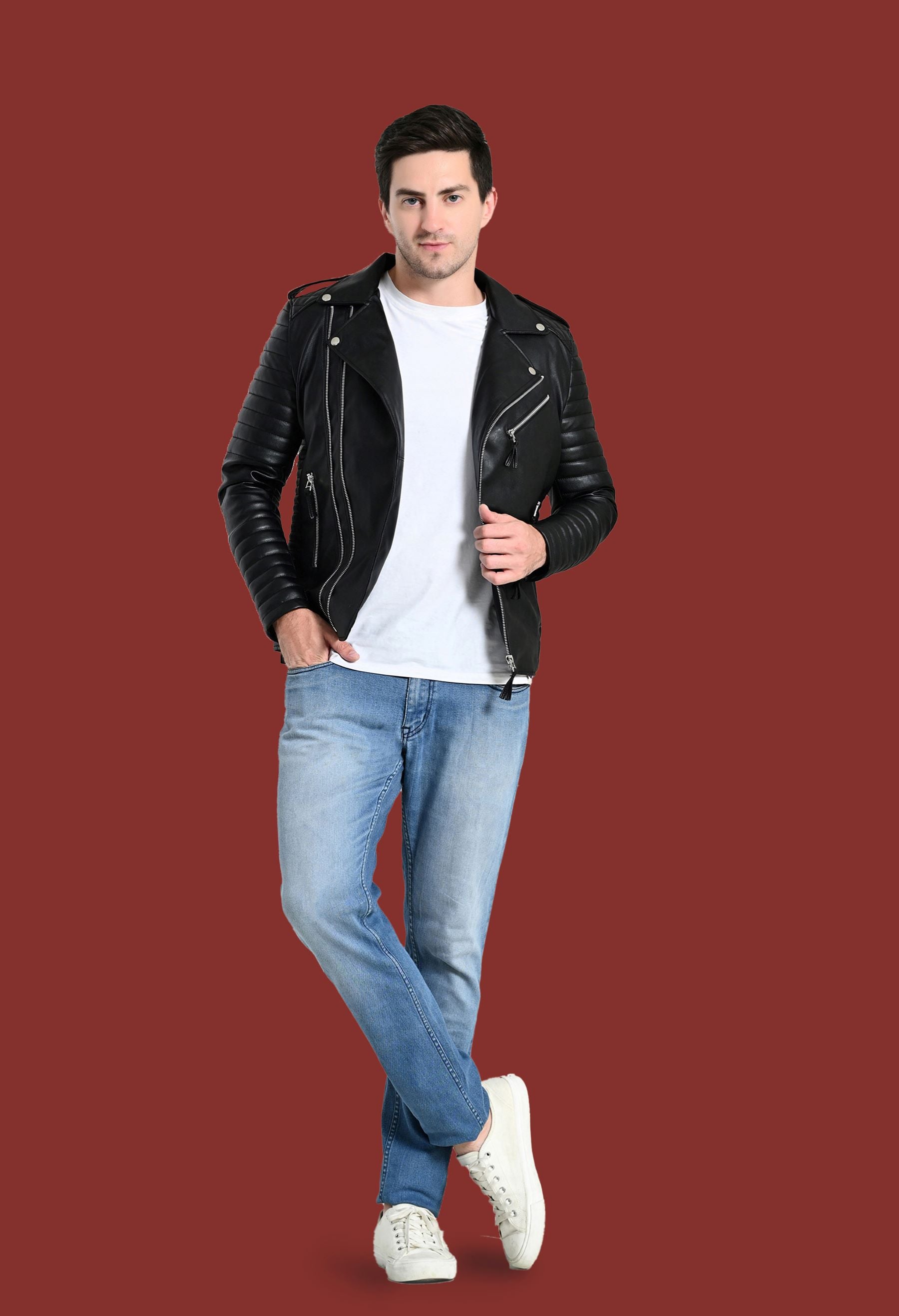 Mandarin Collar Water Resistant Lightweight Leather Biker Jacket for Men