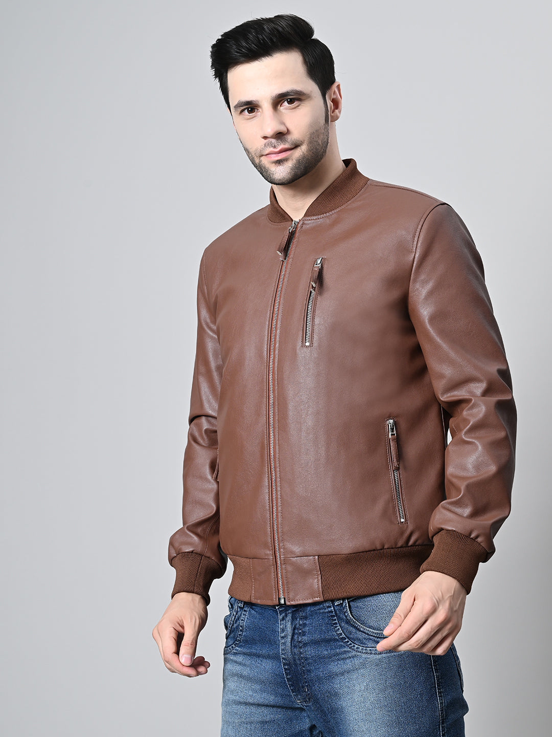 Mandarin Collar Water Resistant Lightweight Leather Biker Jacket For Men
