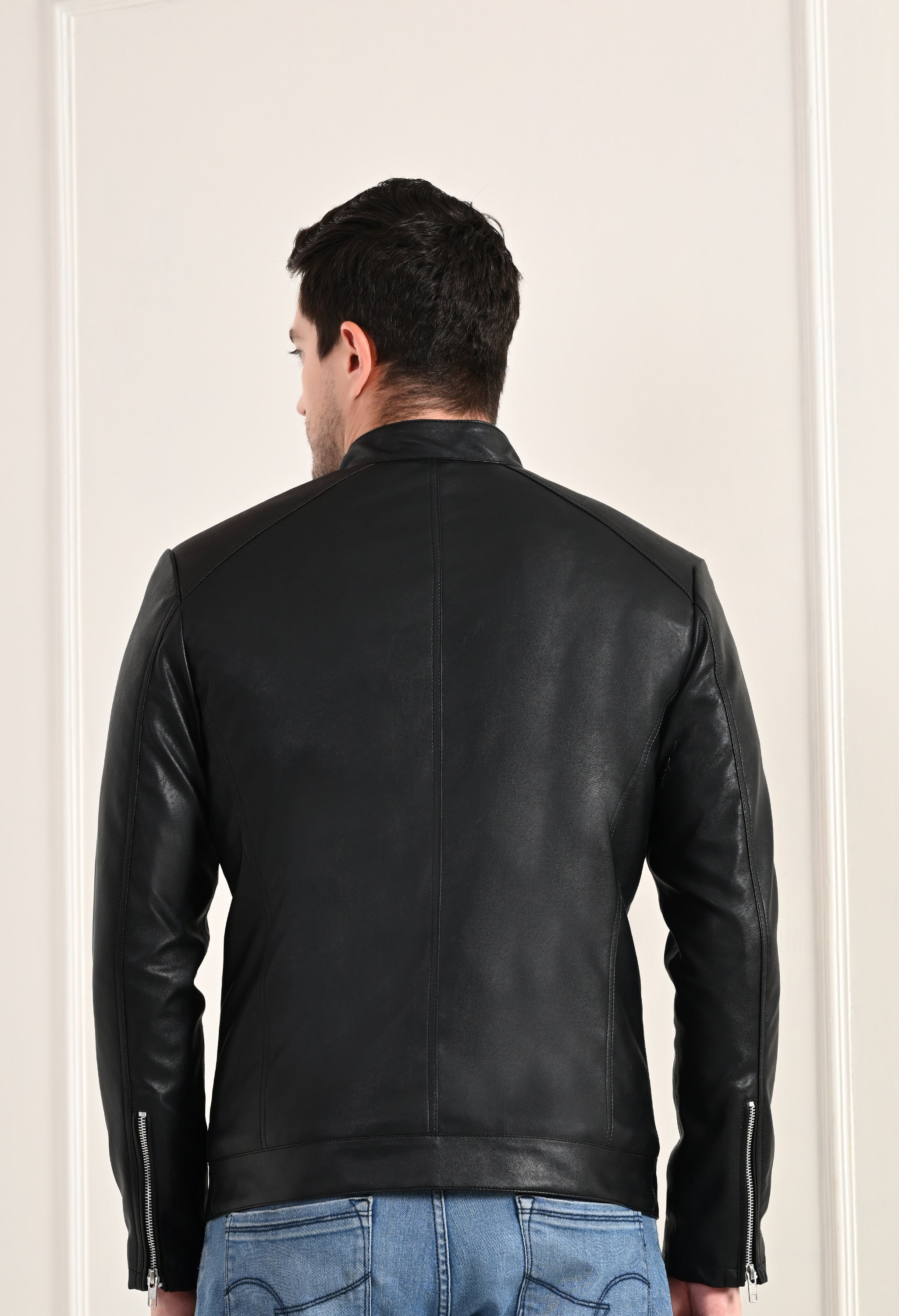 Stand Collar Long Sleeves Classic Look Lightweight Black Leather Jacket