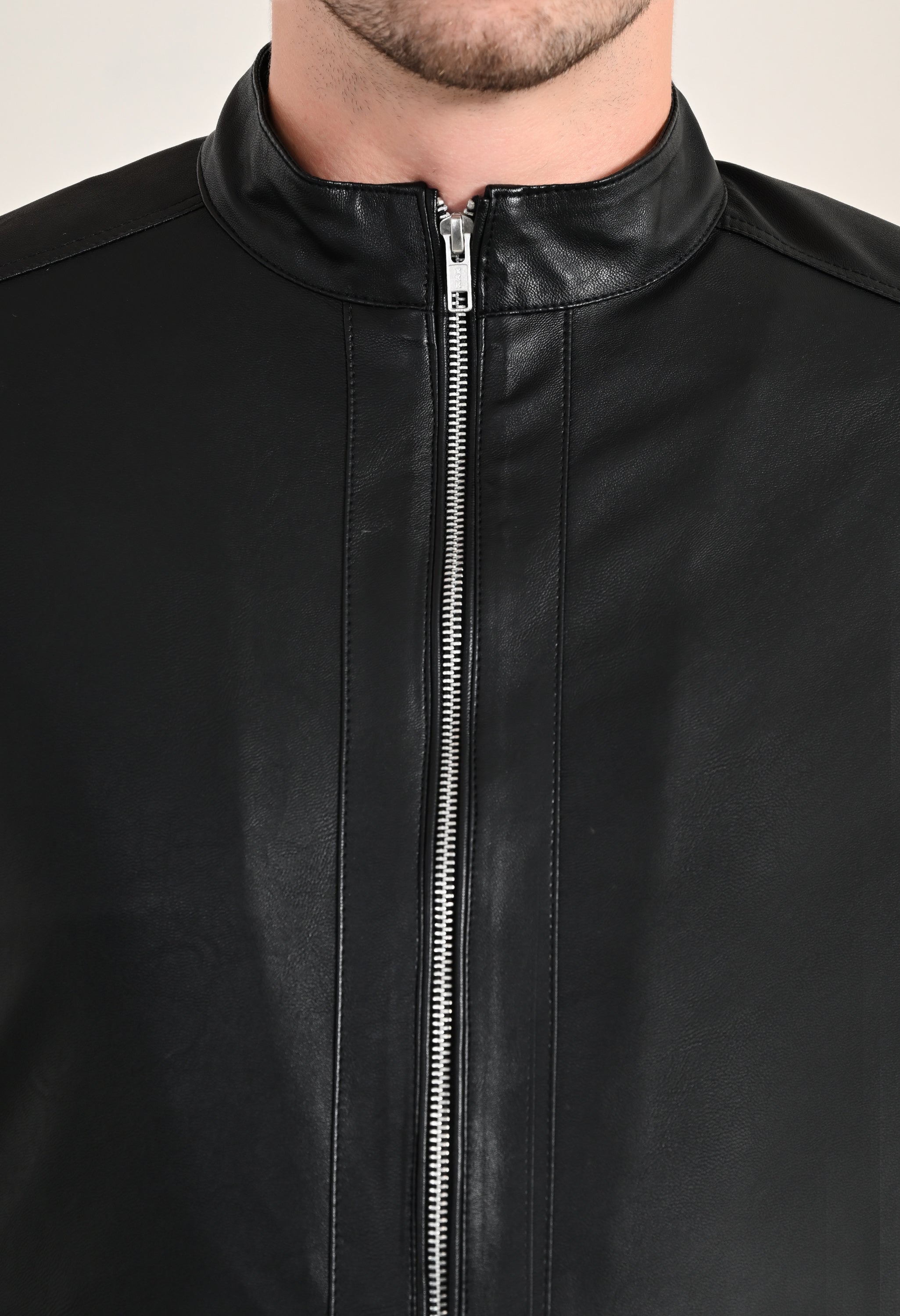 Stand Collar Long Sleeves Classic Look Lightweight Black Leather Jacket