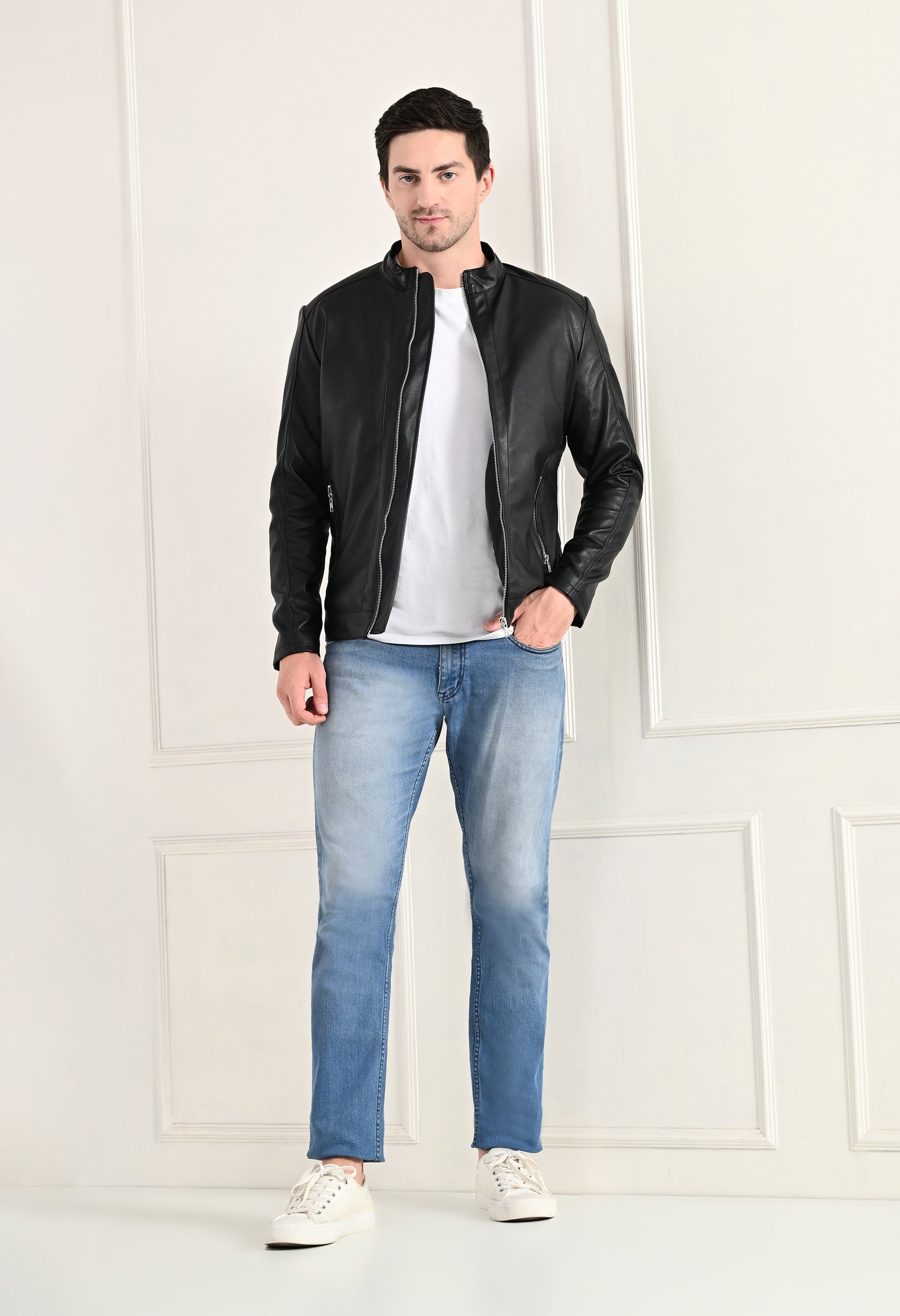 Stand Collar Long Sleeves Classic Look Lightweight Black Leather Jacket