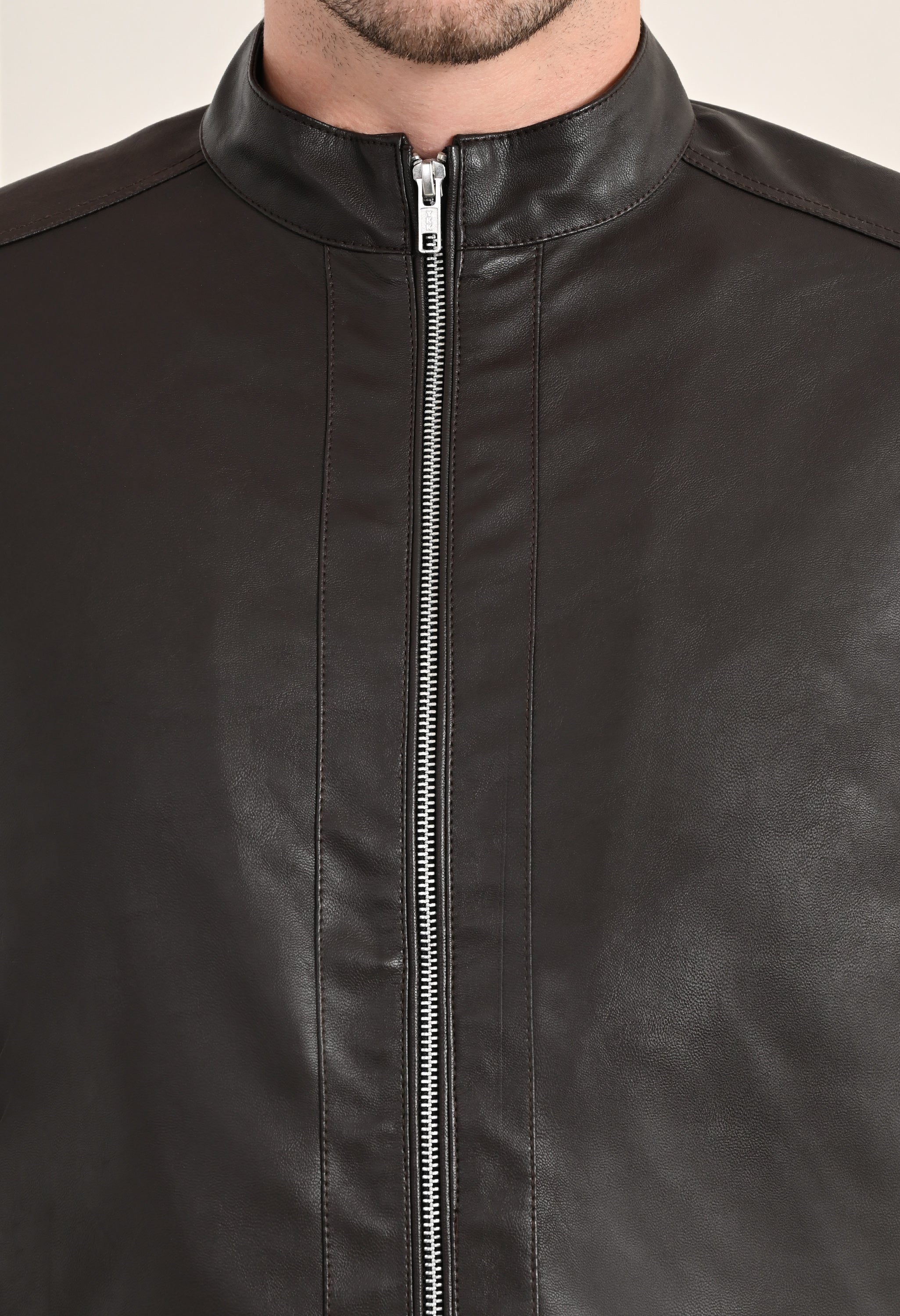 Stand Collar Long Sleeves Classic Look Lightweight Black Leather Jacket