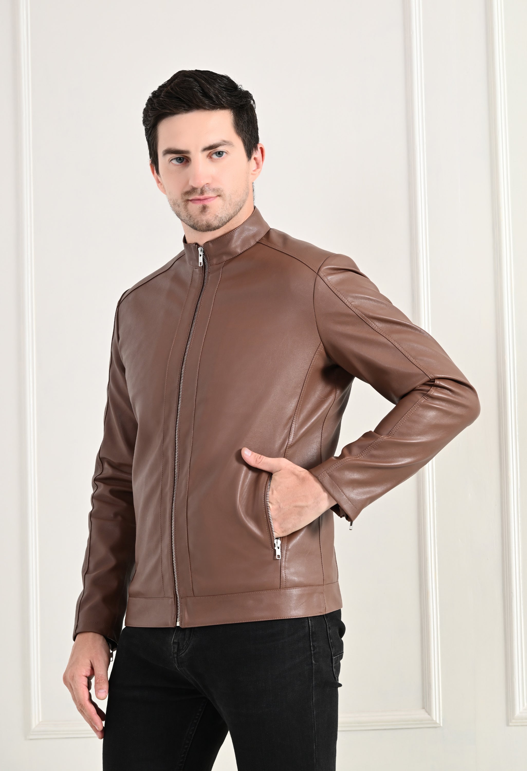 Stand Collar Long Sleeves Classic Look Lightweight Tan Leather Jacket