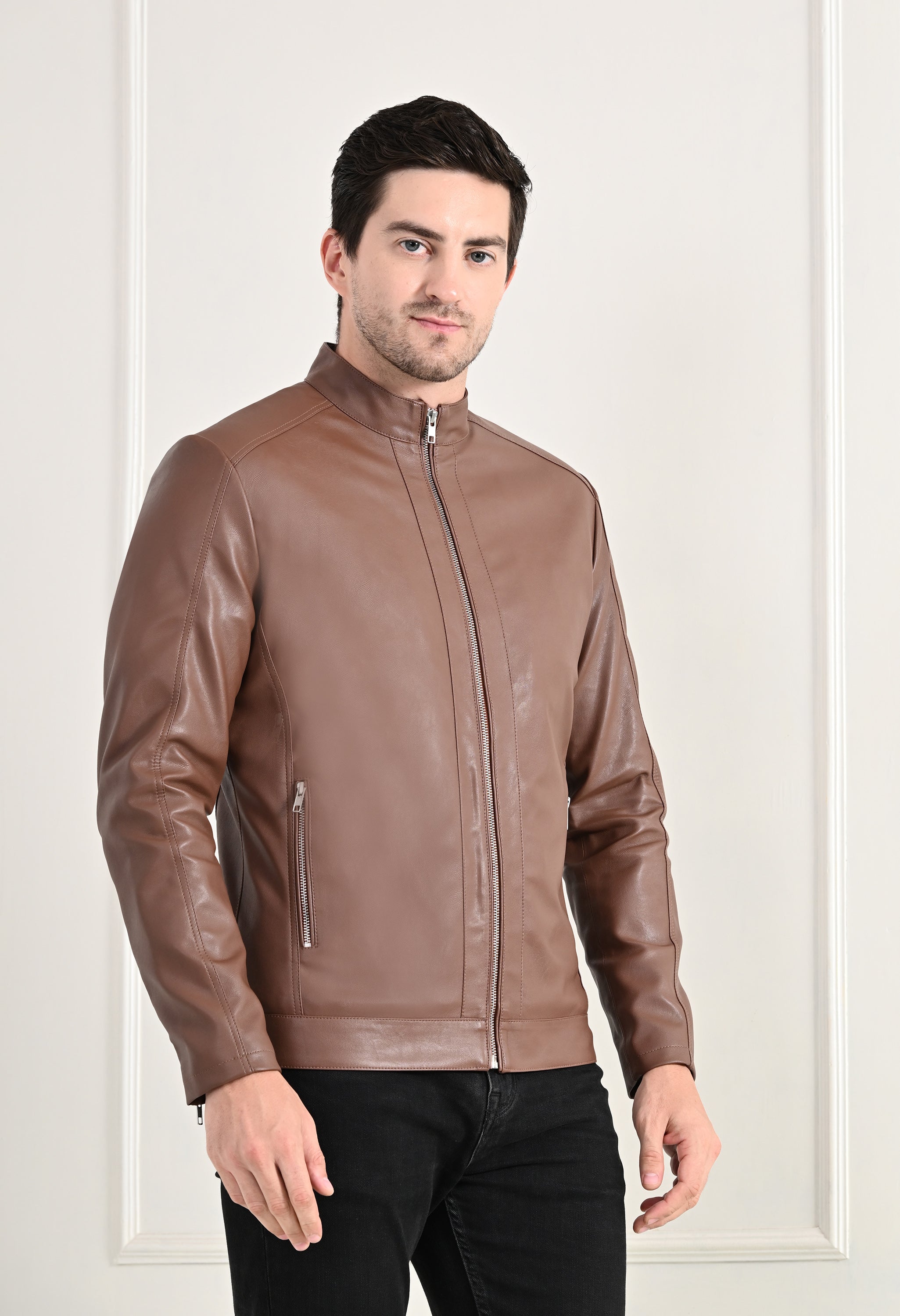 Stand Collar Long Sleeves Classic Look Lightweight Tan Leather Jacket