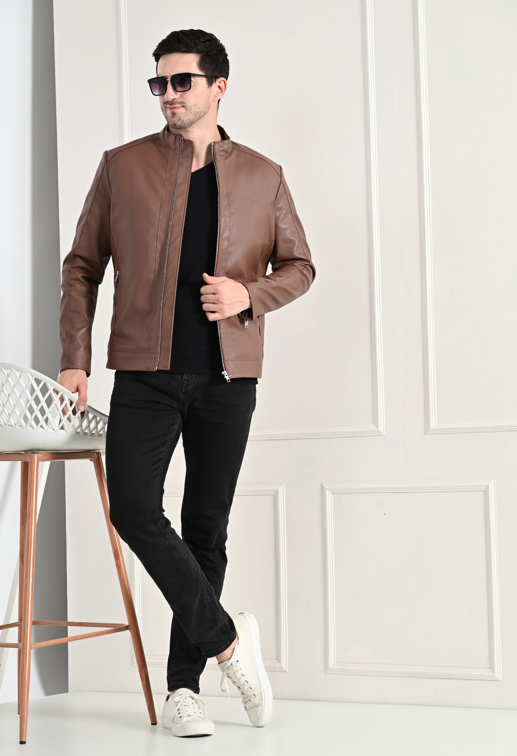 Stand Collar Long Sleeves Classic Look Lightweight Tan Leather Jacket