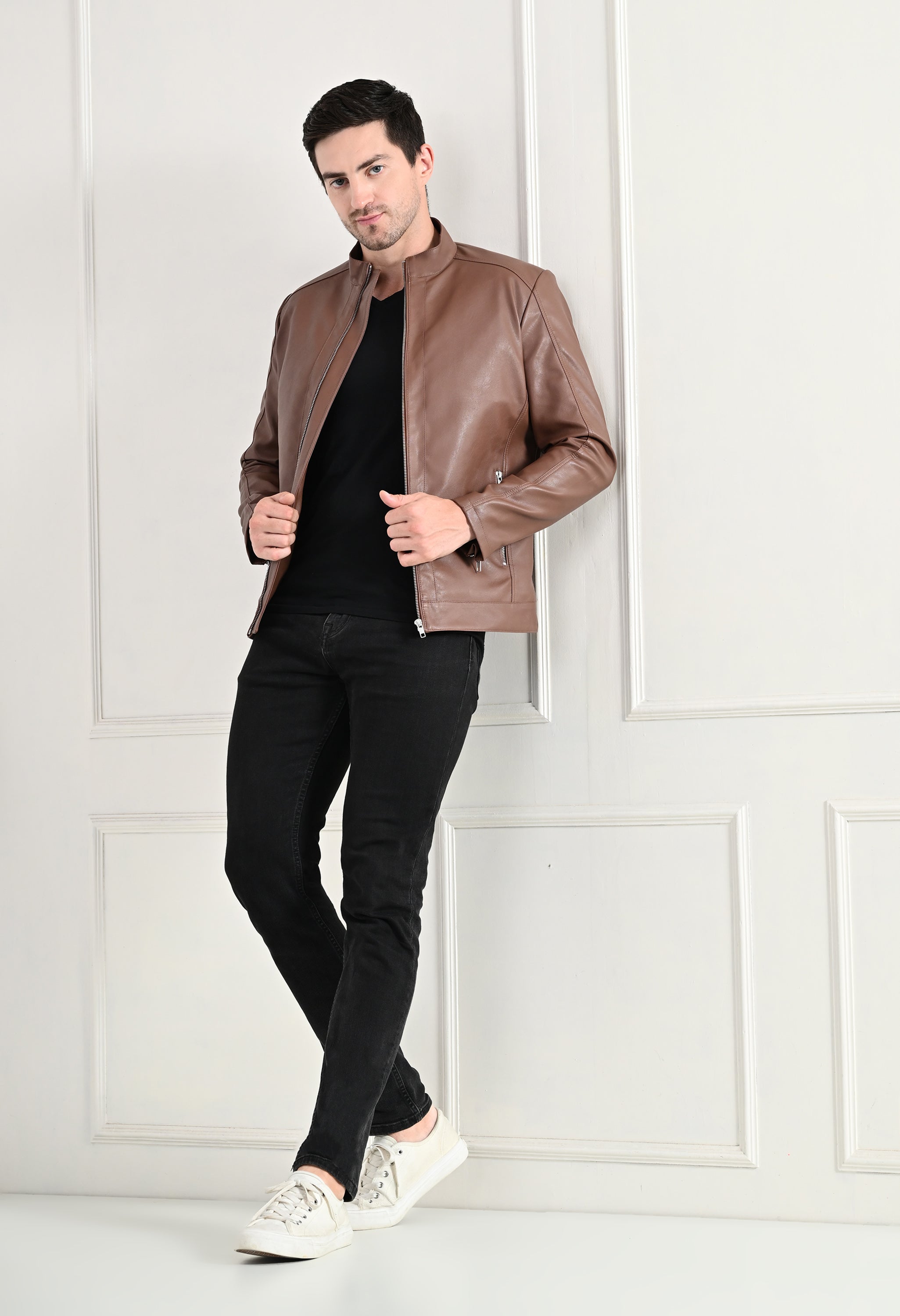 Stand Collar Long Sleeves Classic Look Lightweight Tan Leather Jacket