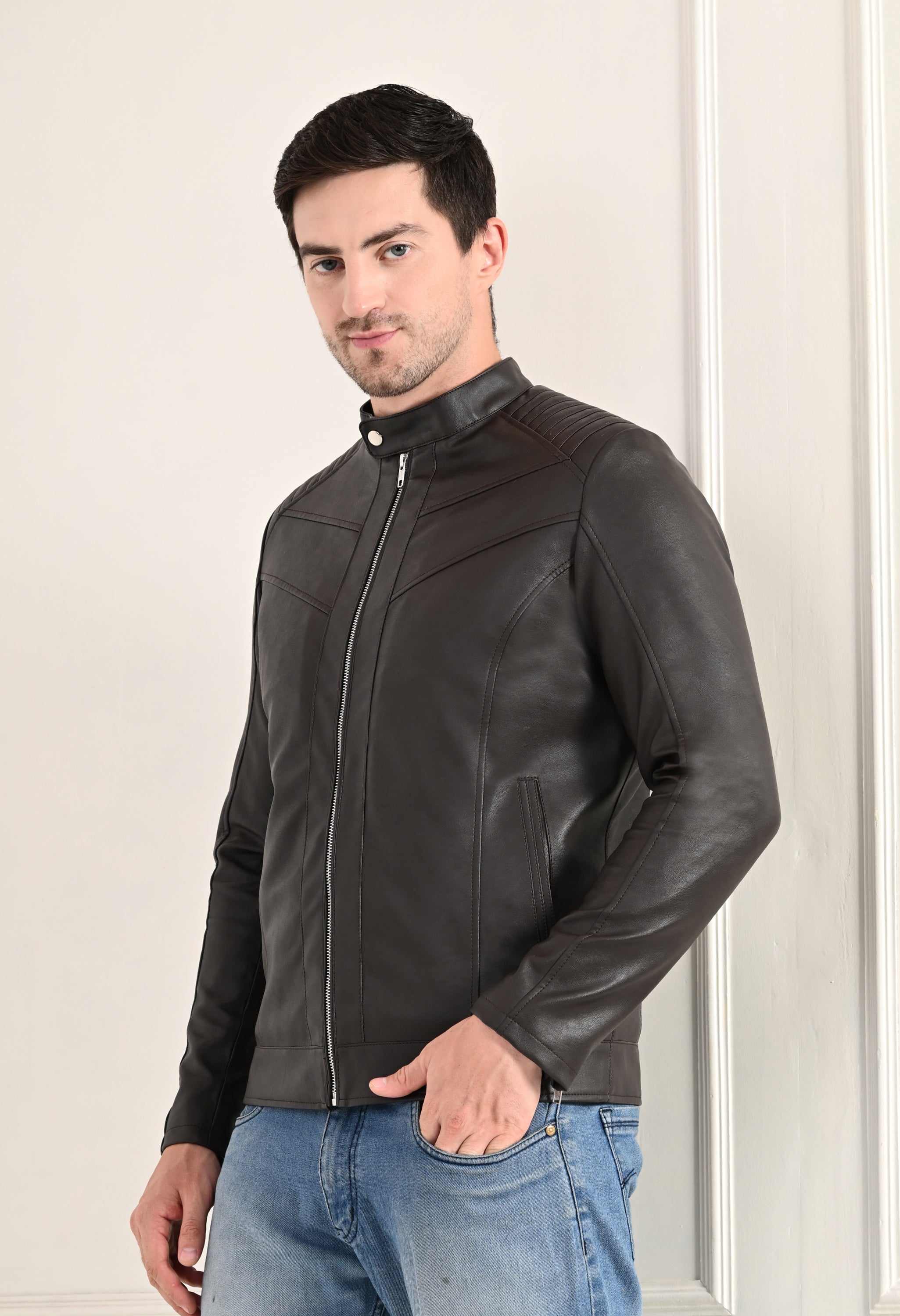 Mandarin Collar Leather Anti Odour Brown Jacket for Men