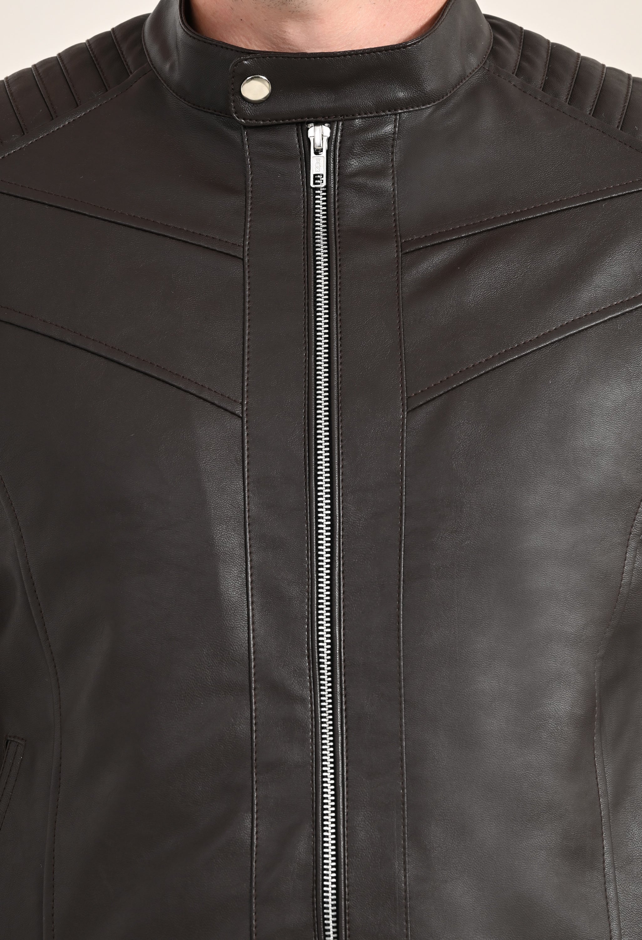 Mandarin Collar Leather Anti Odour Brown Jacket for Men