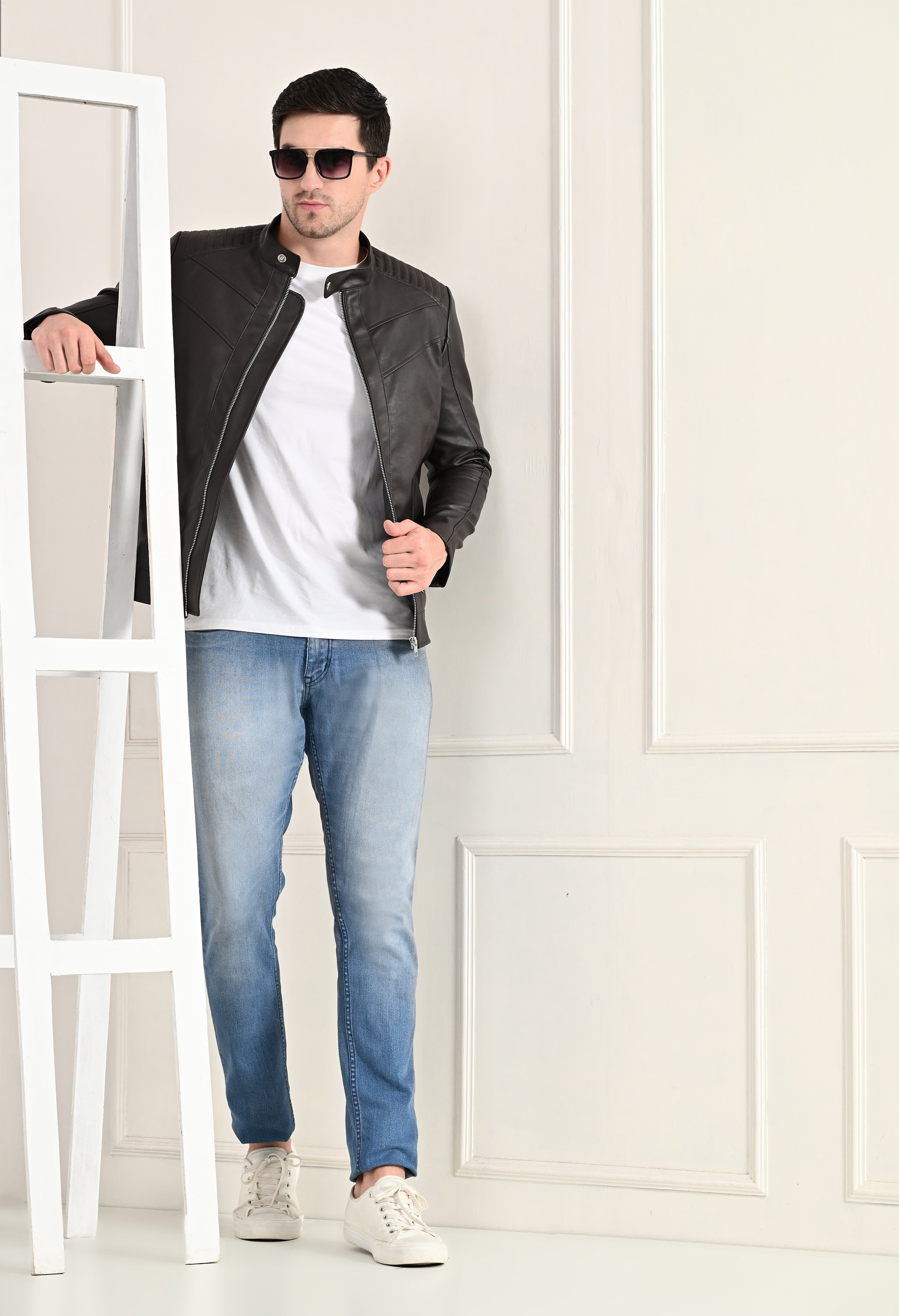 Mandarin Collar Leather Anti Odour Brown Jacket for Men