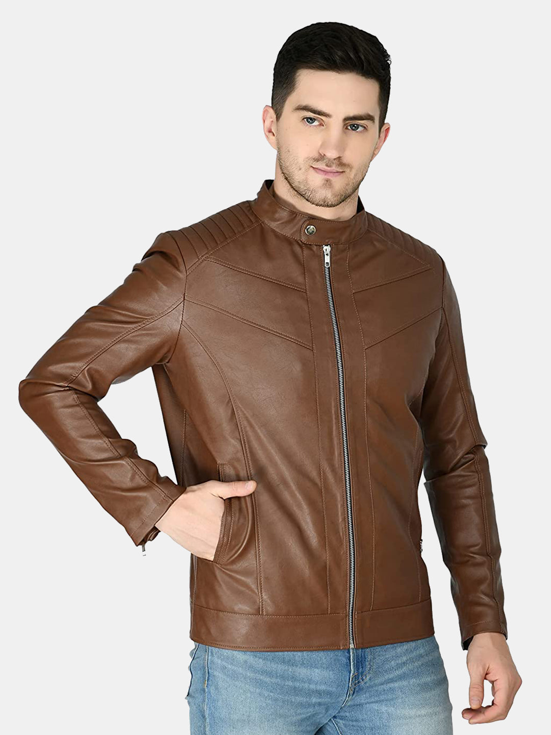 Mandarin Collar Leather Anti Odour Tan Jacket for Men