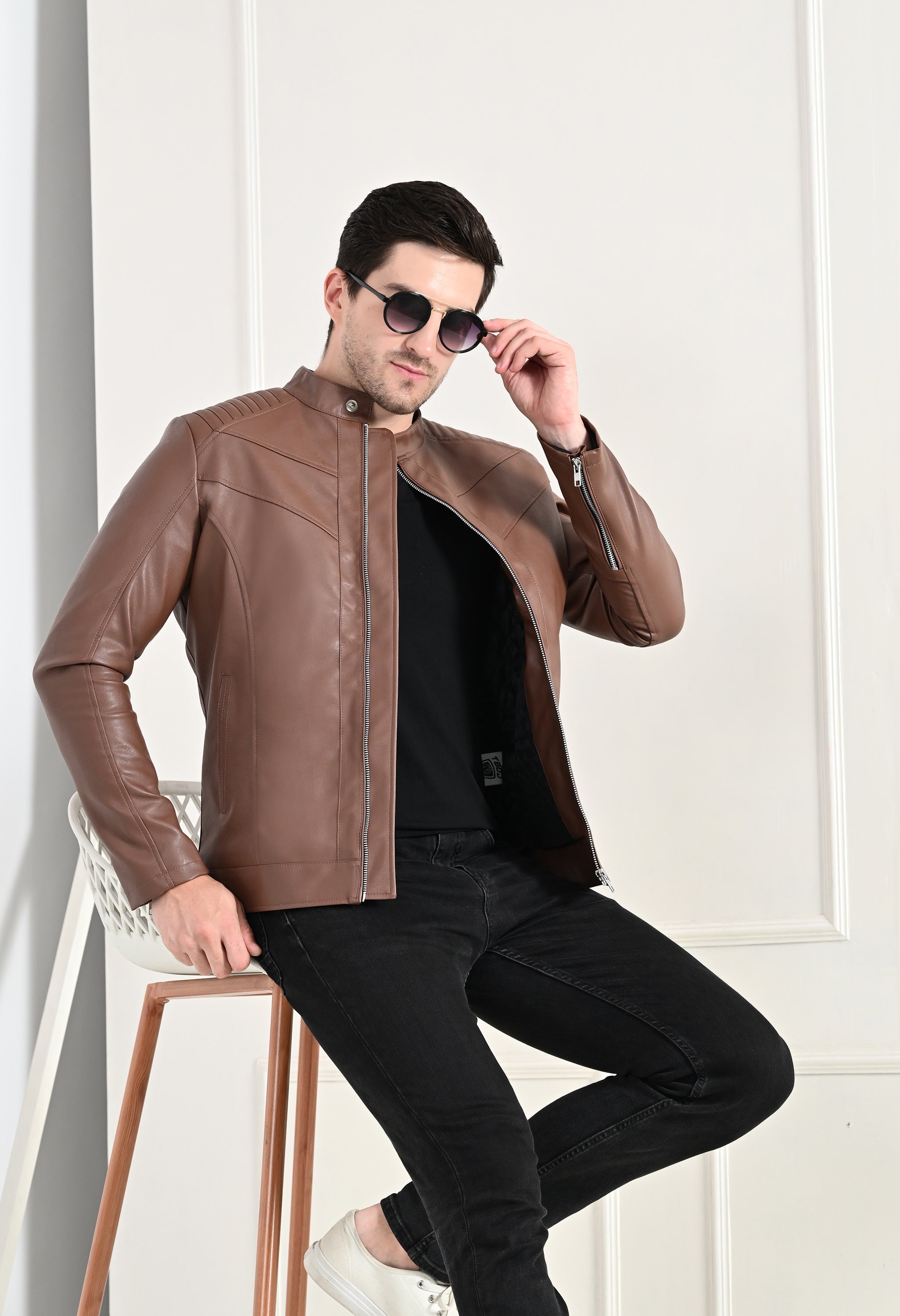 Mandarin Collar Leather Anti Odour Tan Jacket for Men