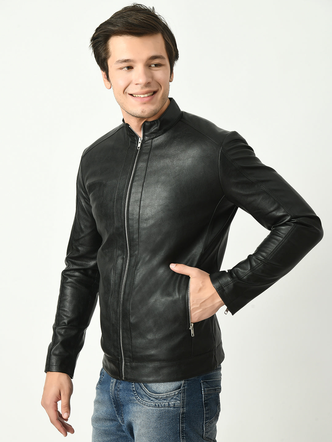 Mandarin Collar Water Resistant Lightweight Leather Biker Black Jacket For Men