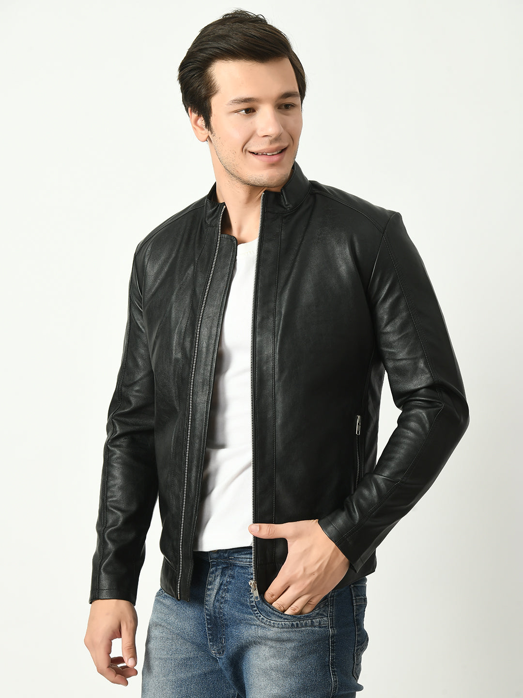 Mandarin Collar Water Resistant Lightweight Leather Biker Black Jacket For Men