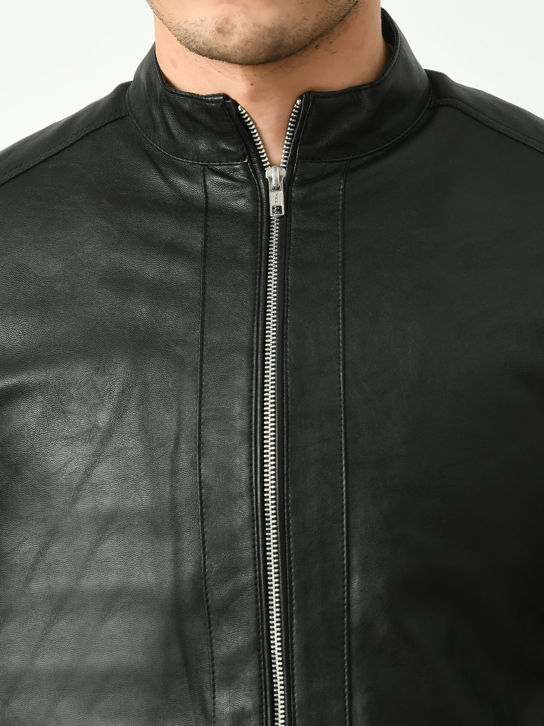 Mandarin Collar Water Resistant Lightweight Leather Biker Black Jacket For Men