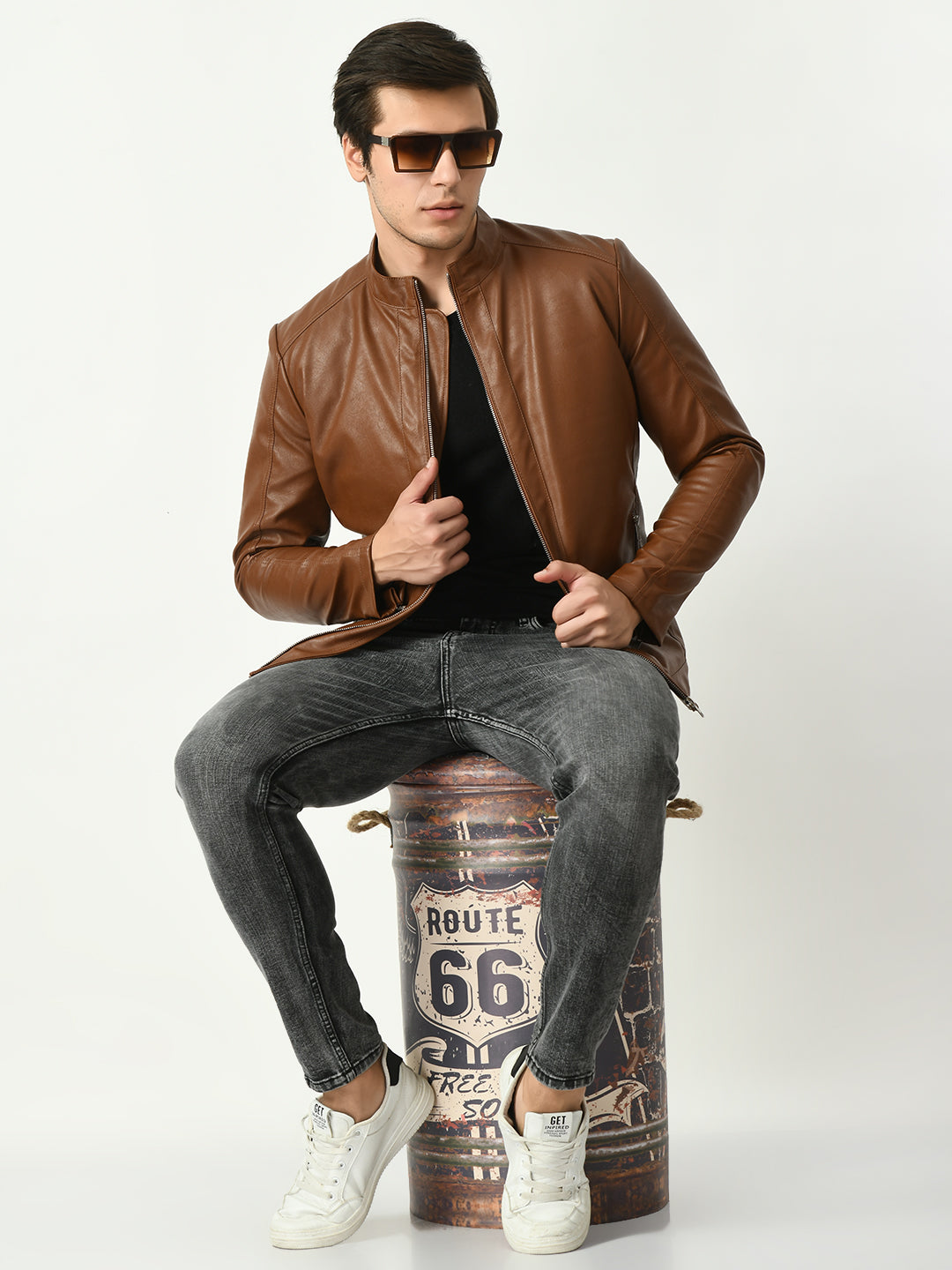 Mandarin Collar Water Resistant Lightweight Leather Biker Tan Jacket For Men