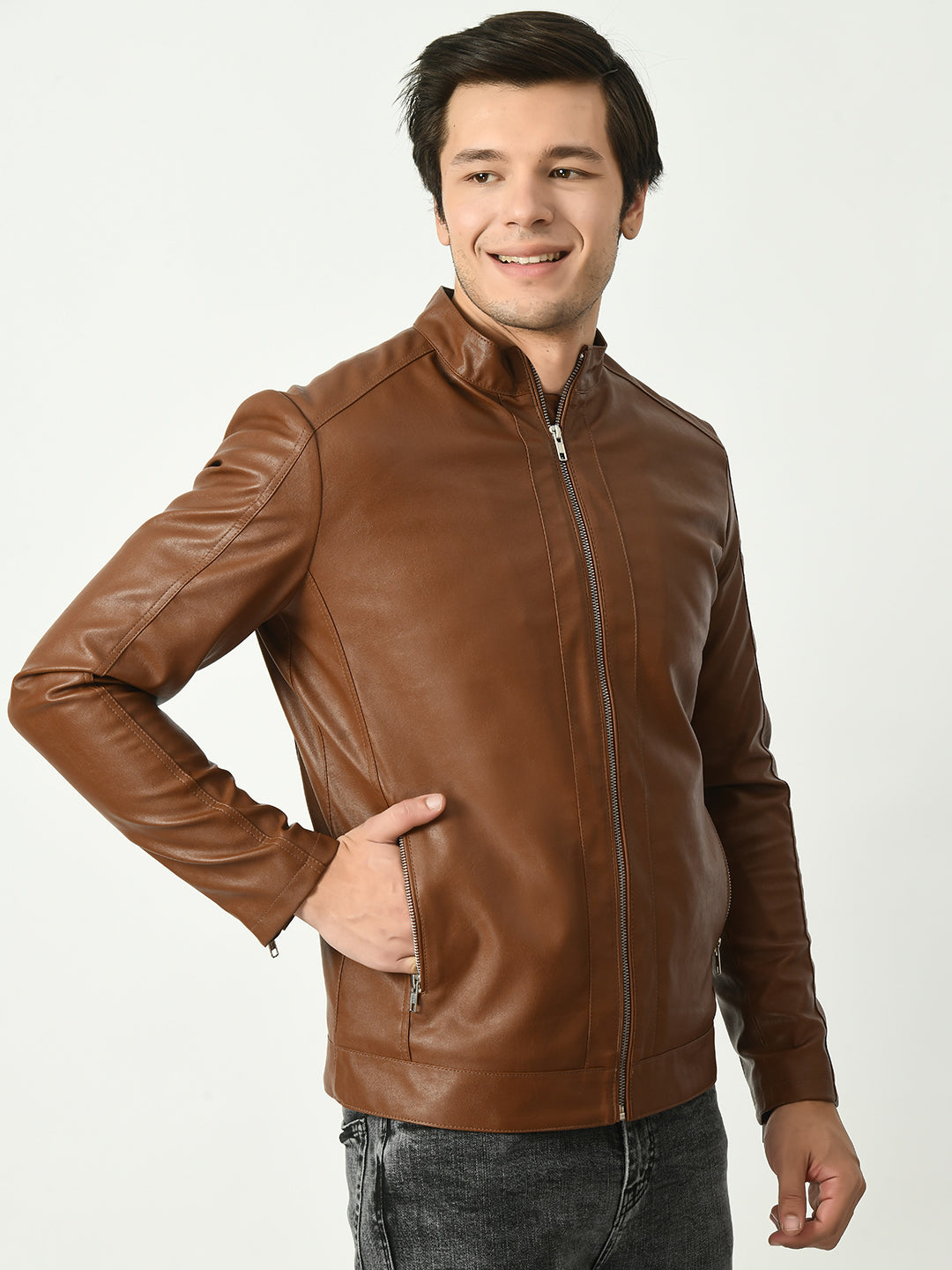 Mandarin Collar Water Resistant Lightweight Leather Biker Tan Jacket For Men