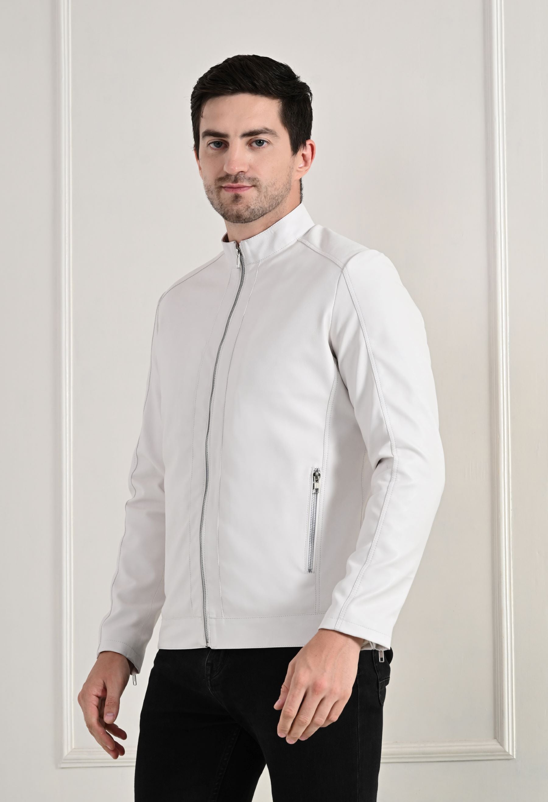 Stand Collar Long Sleeves Classic Look Lightweight White Leather Jacket
