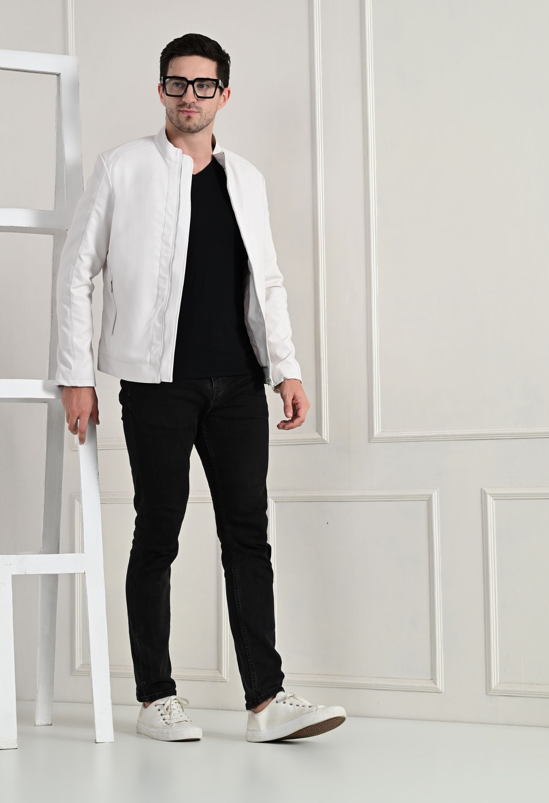 Stand Collar Long Sleeves Classic Look Lightweight White Leather Jacket