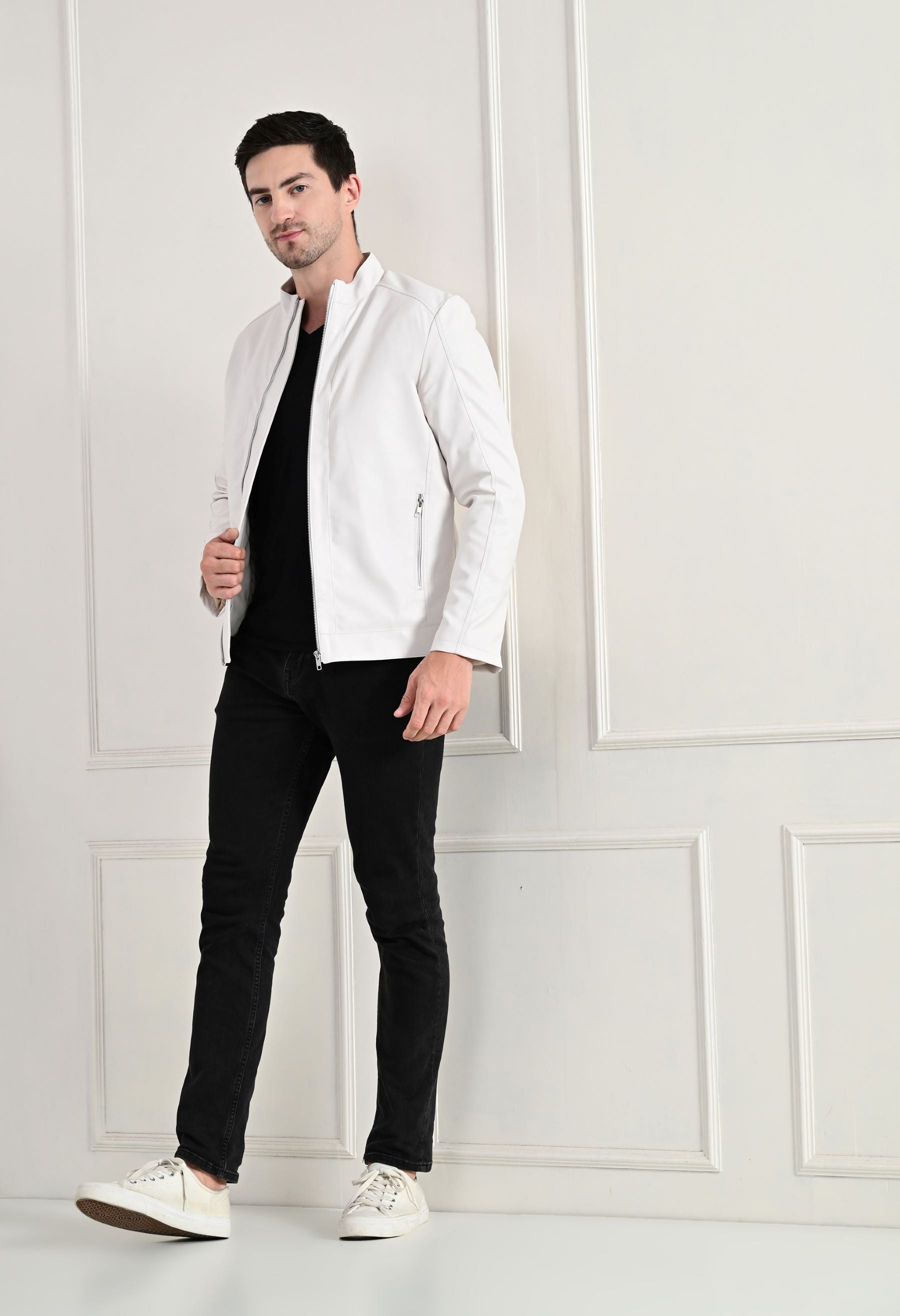 Stand Collar Long Sleeves Classic Look Lightweight White Leather Jacket