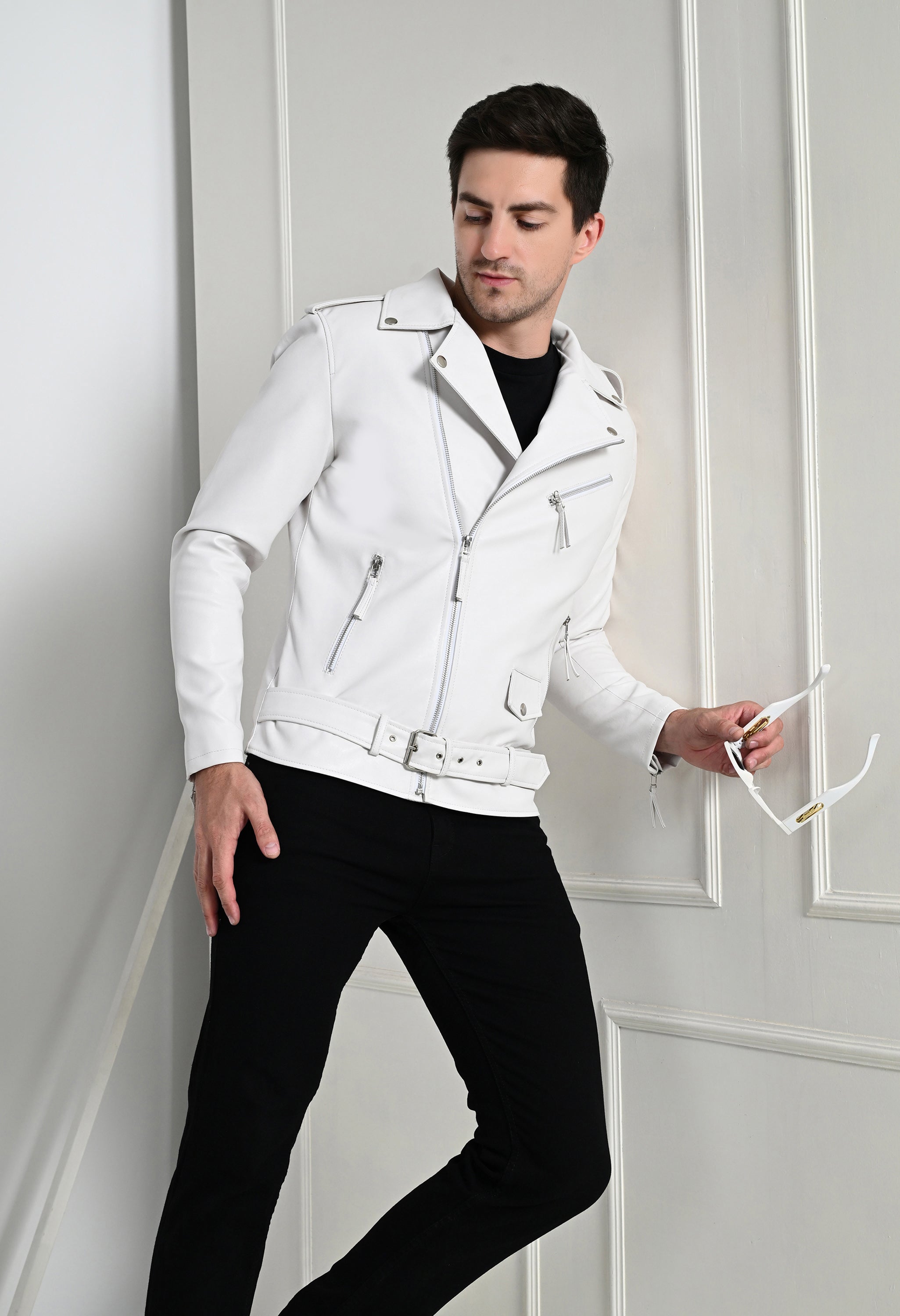 Men Lapel Collar Solid Casual White Biker Jacket