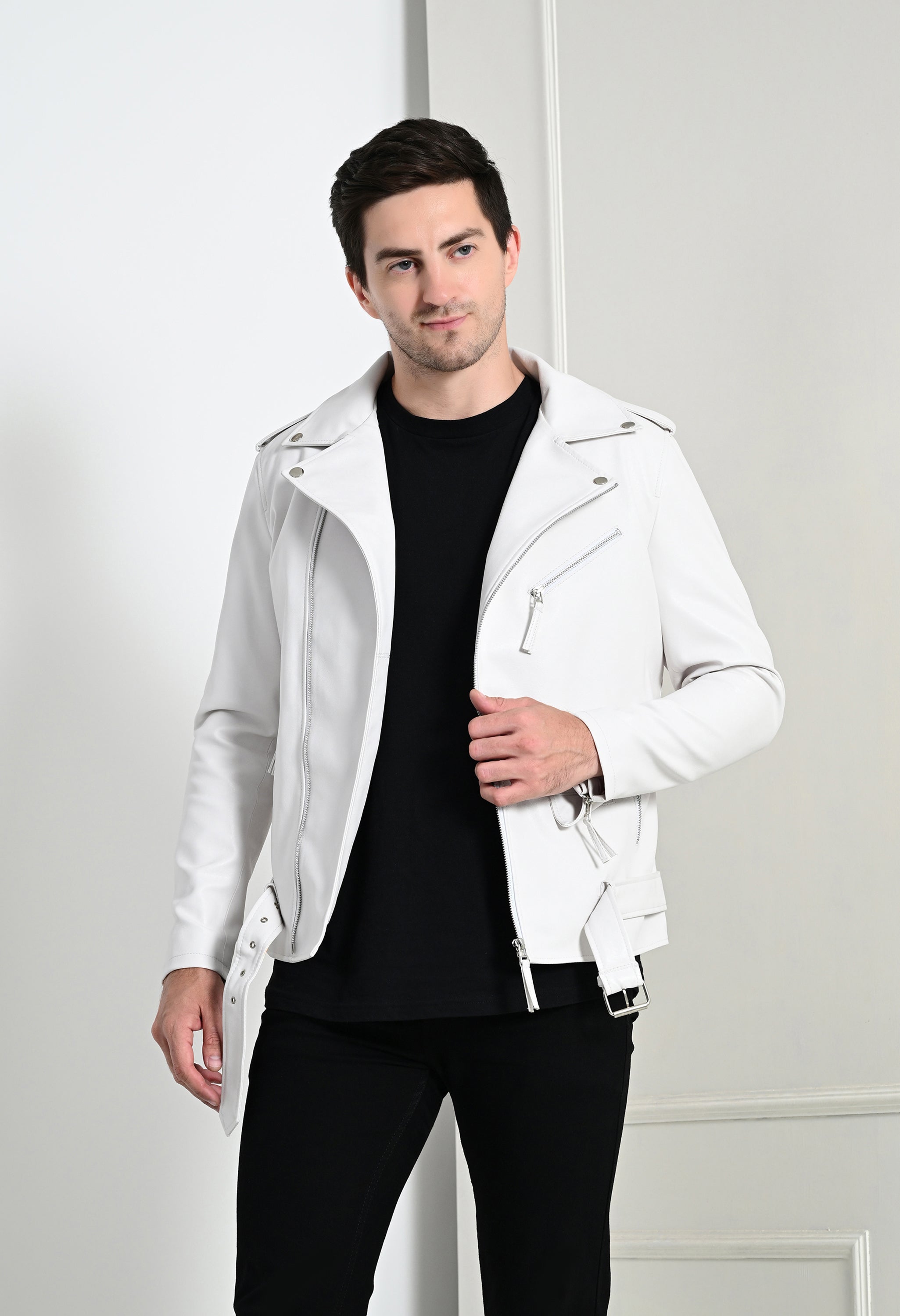Men Lapel Collar Solid Casual White Biker Jacket