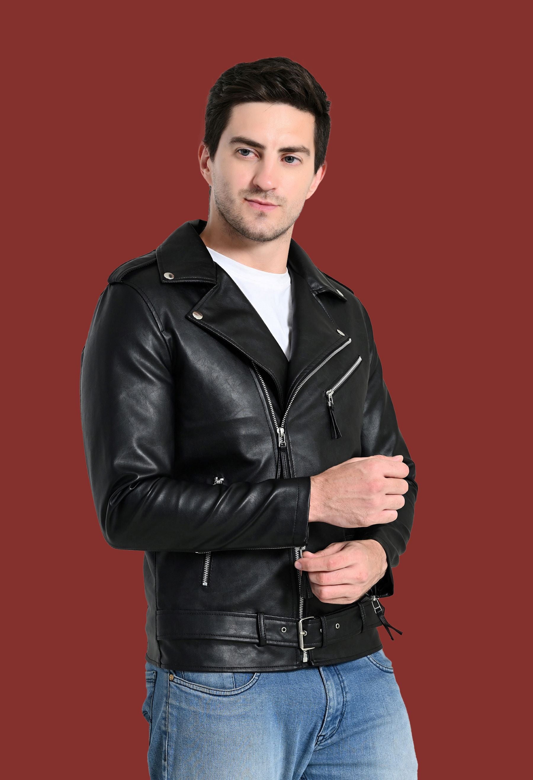 Men Lapel Collar Solid Casual Black Biker Jacket