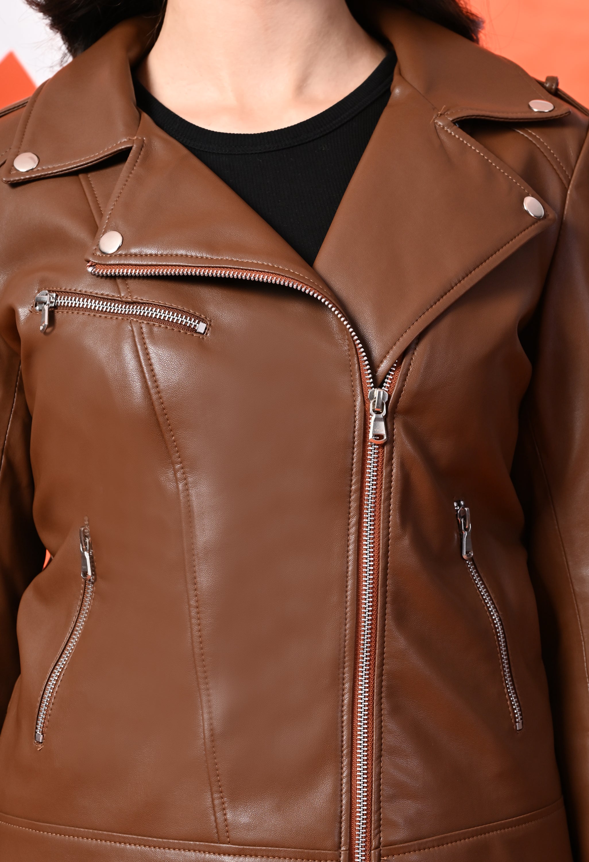 Women Lapel Collar Solid Casual Tan Leather Jacket