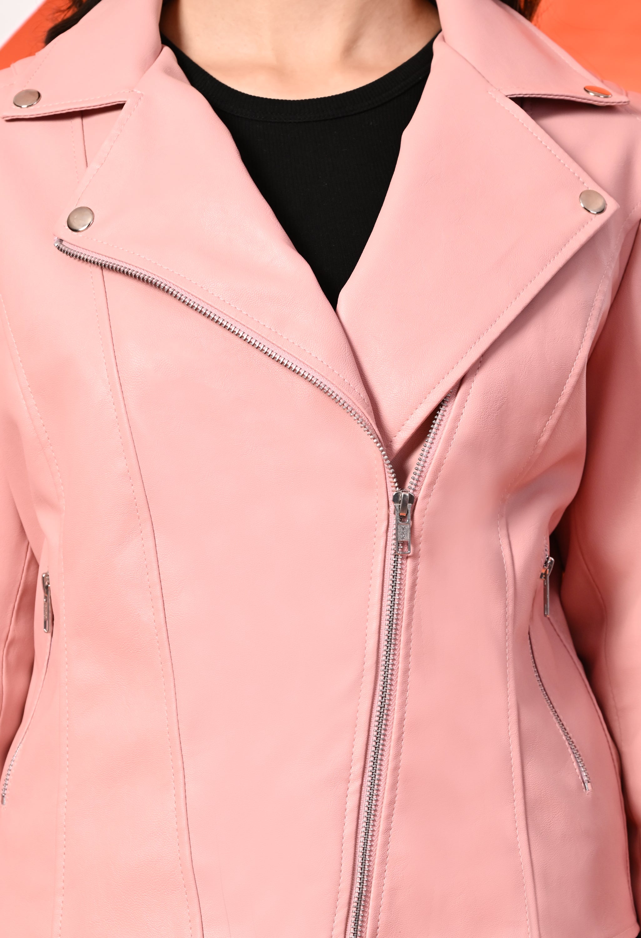Women Lapel Collar Solid Casual Leather Pink Jacket