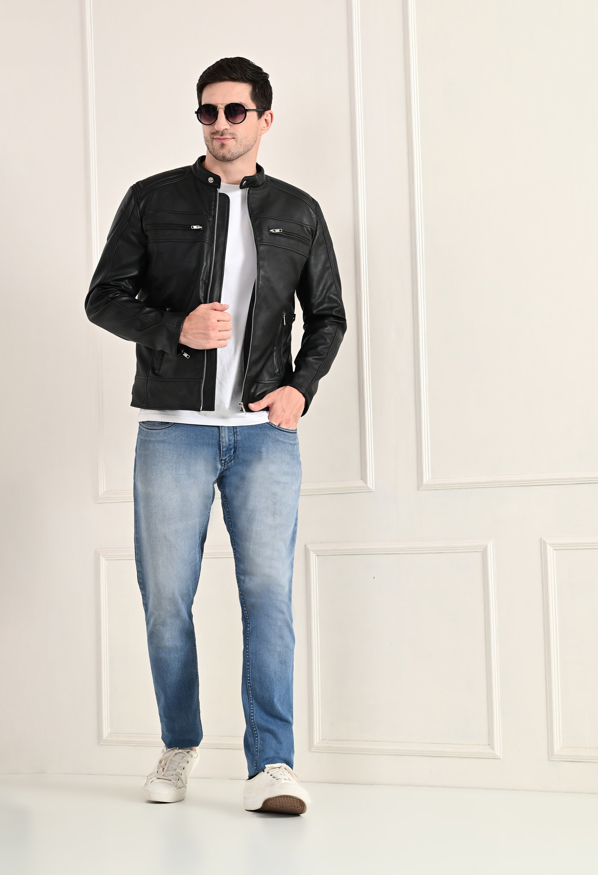 Mandarin Collar Long Sleeves Classic Look Lightweight Black Leather Jacket