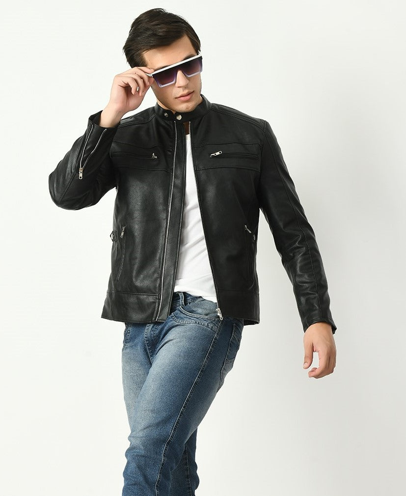 Mandarin Collar Long Sleeves Classic Look Lightweight Black Leather Jacket
