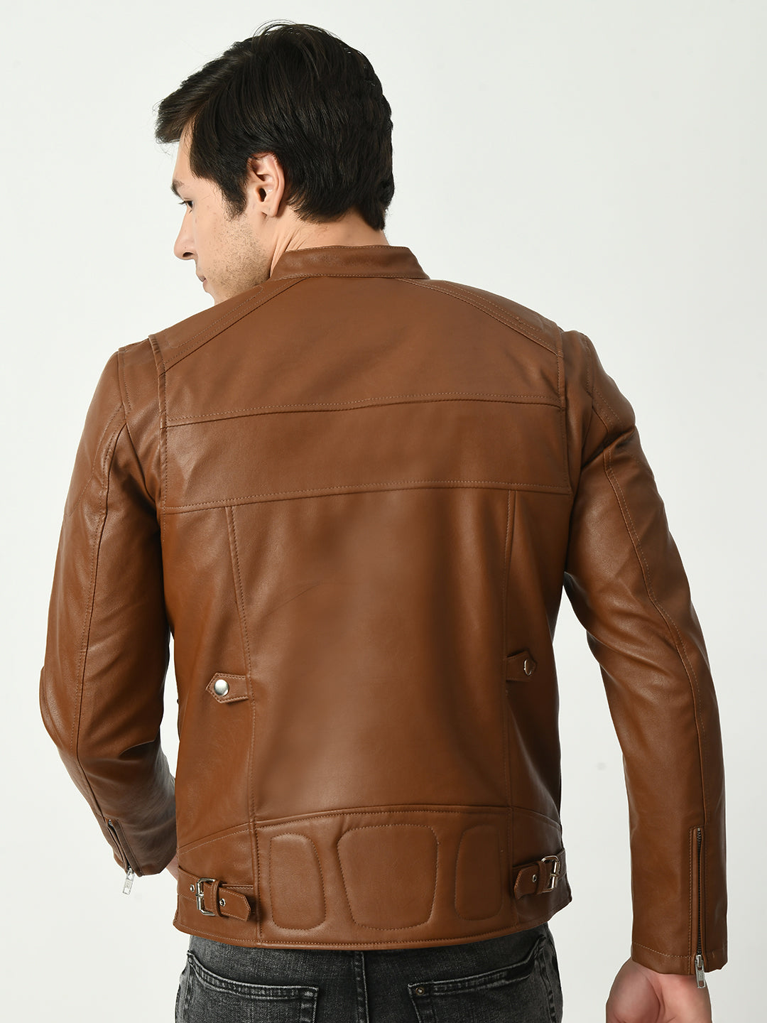 Mandarin Collar Long Sleeves Classic Look Lightweight Black Leather Jacket