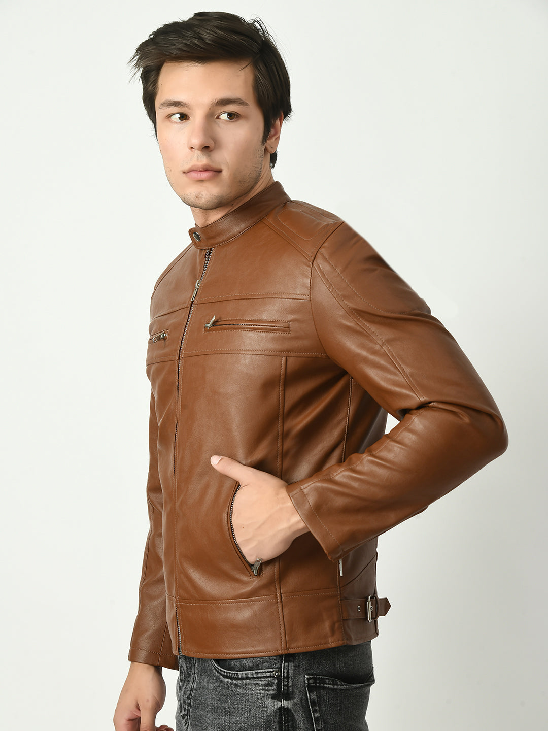 Mandarin Collar Long Sleeves Classic Look Lightweight Black Leather Jacket