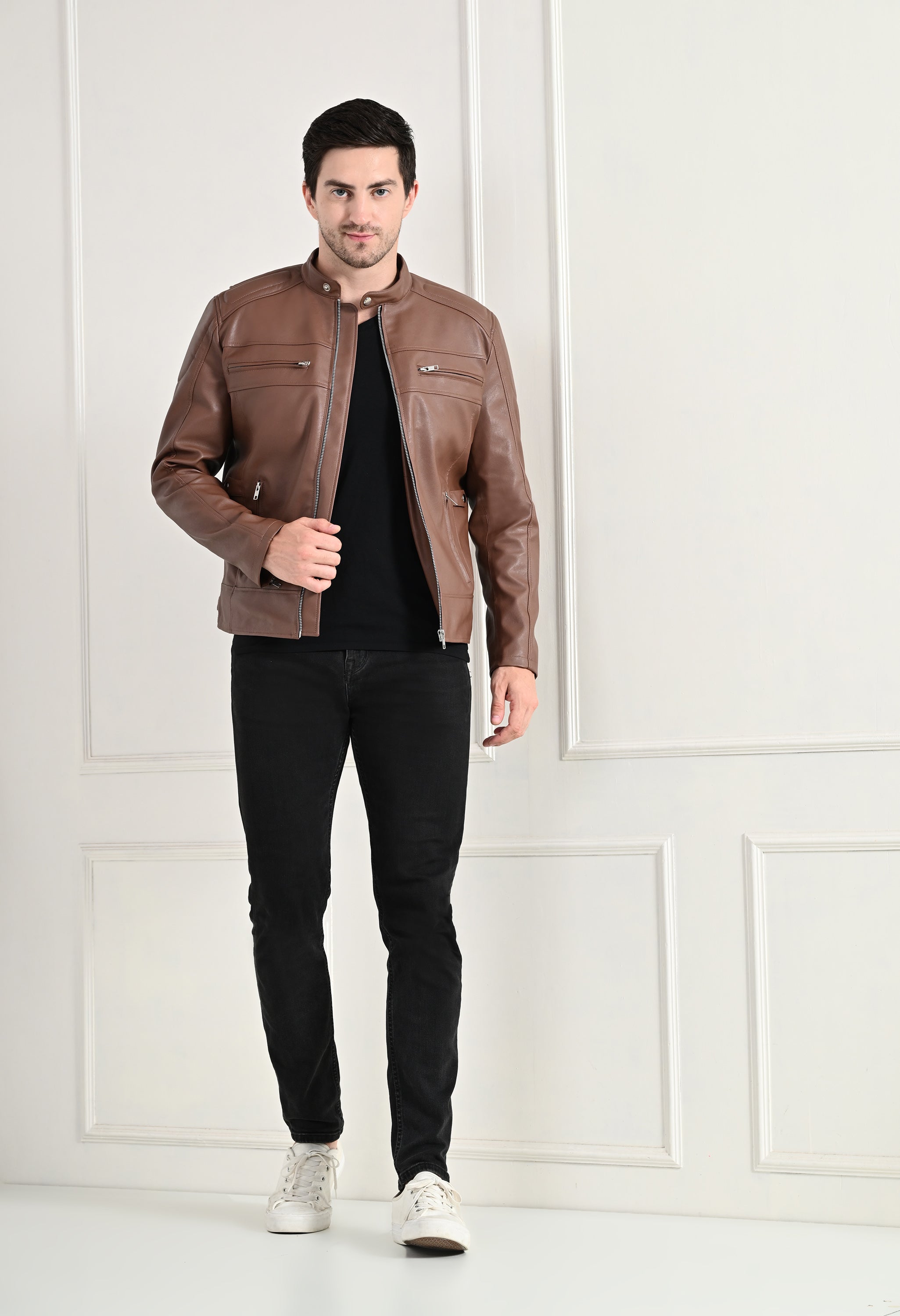Mandarin Collar Long Sleeves Classic Look Lightweight Tan Leather Jacket